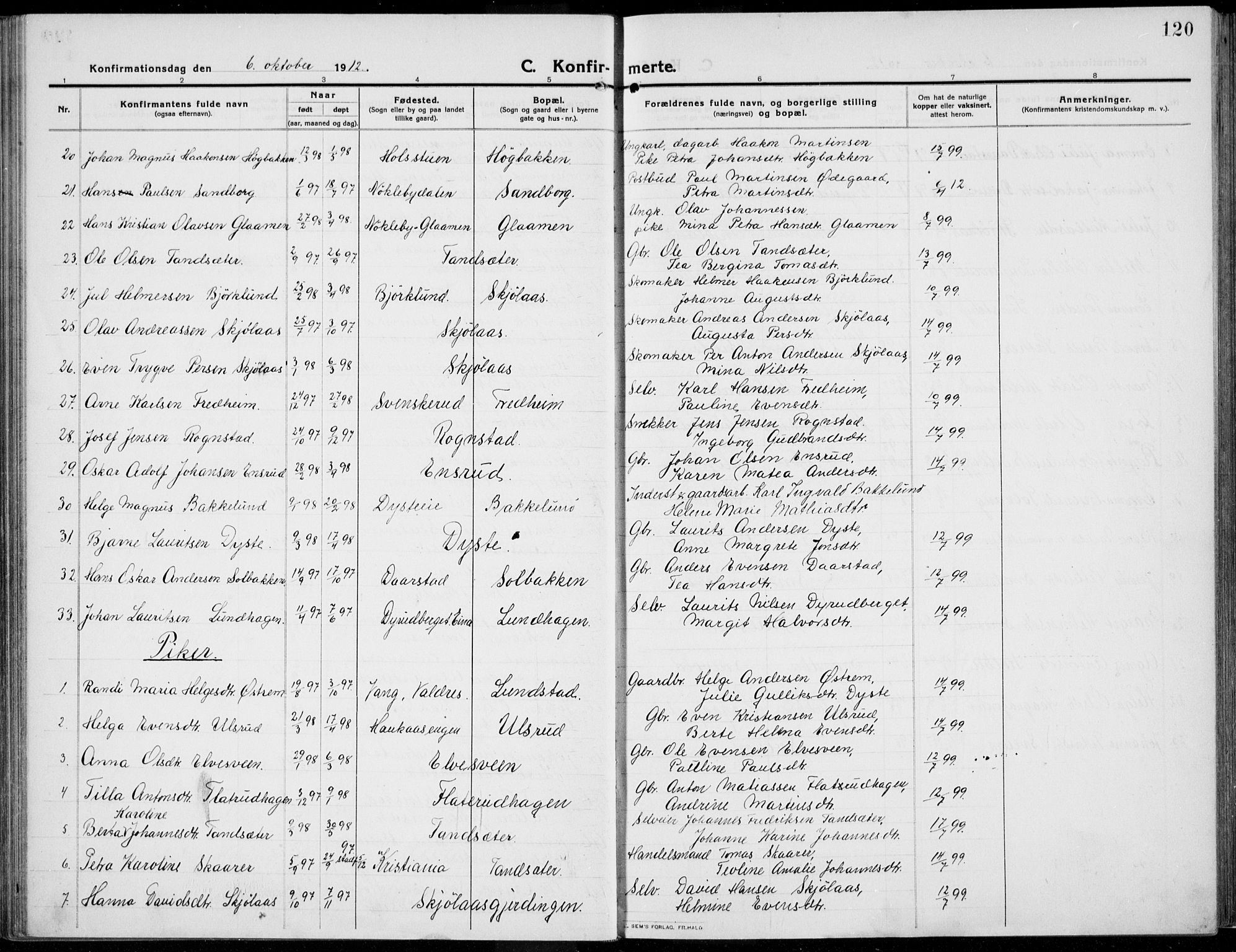 Kolbu prestekontor, SAH/PREST-110/H/Ha/Haa/L0002: Parish register (official) no. 2, 1912-1926, p. 120