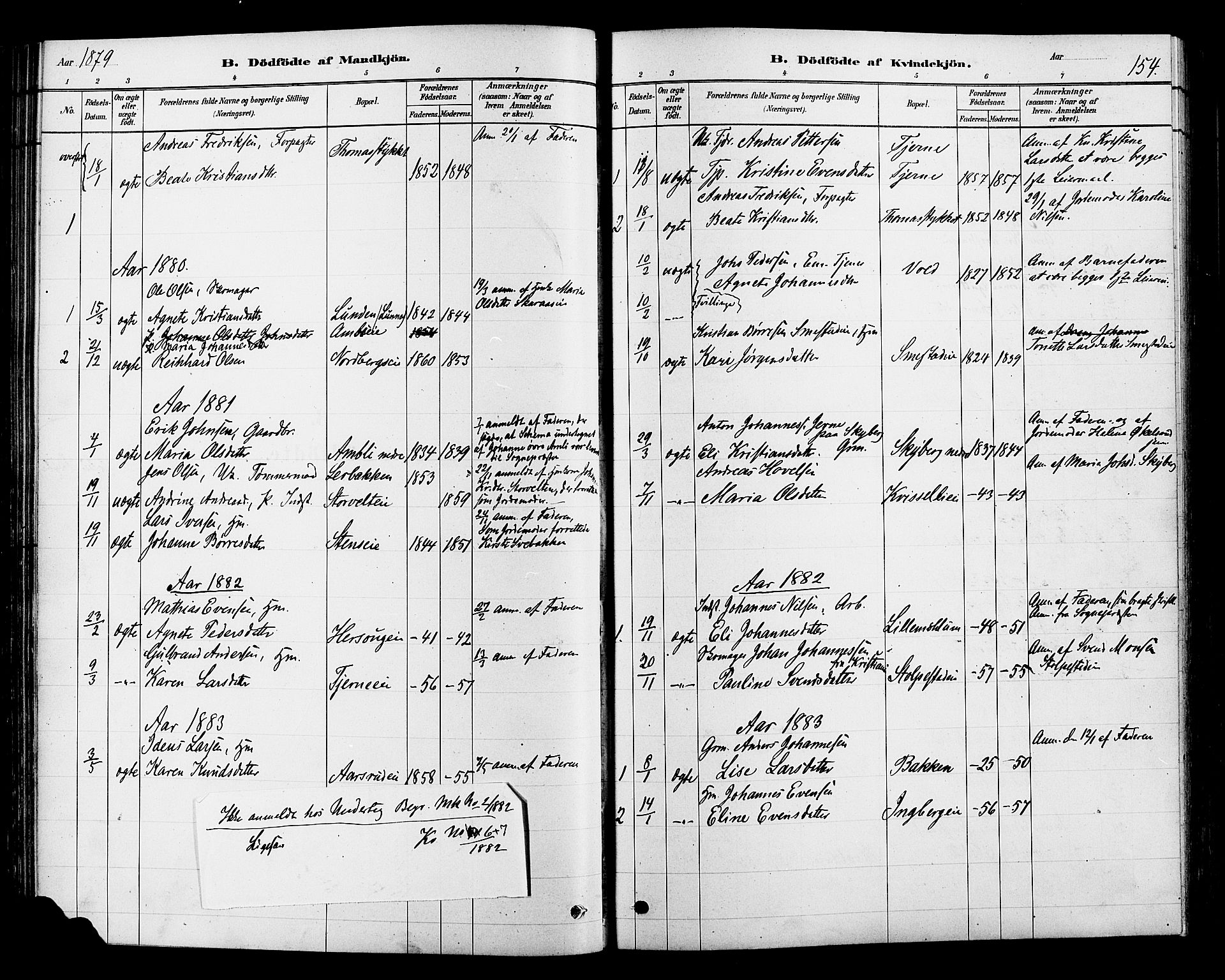 Ringsaker prestekontor, SAH/PREST-014/L/La/L0009: Parish register (copy) no. 9, 1879-1890, p. 154