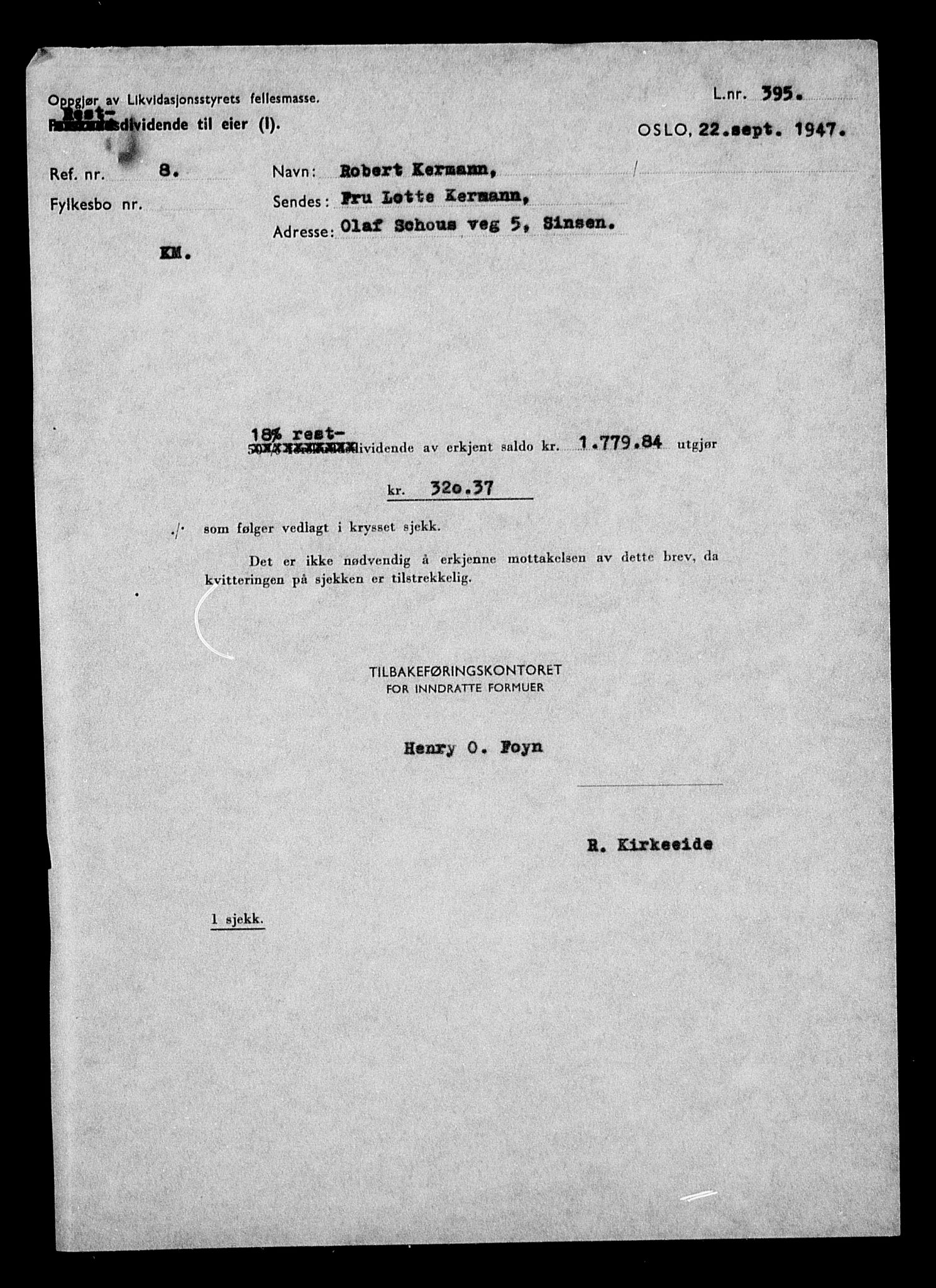 Justisdepartementet, Tilbakeføringskontoret for inndratte formuer, AV/RA-S-1564/H/Hc/Hcc/L0951: --, 1945-1947, p. 118