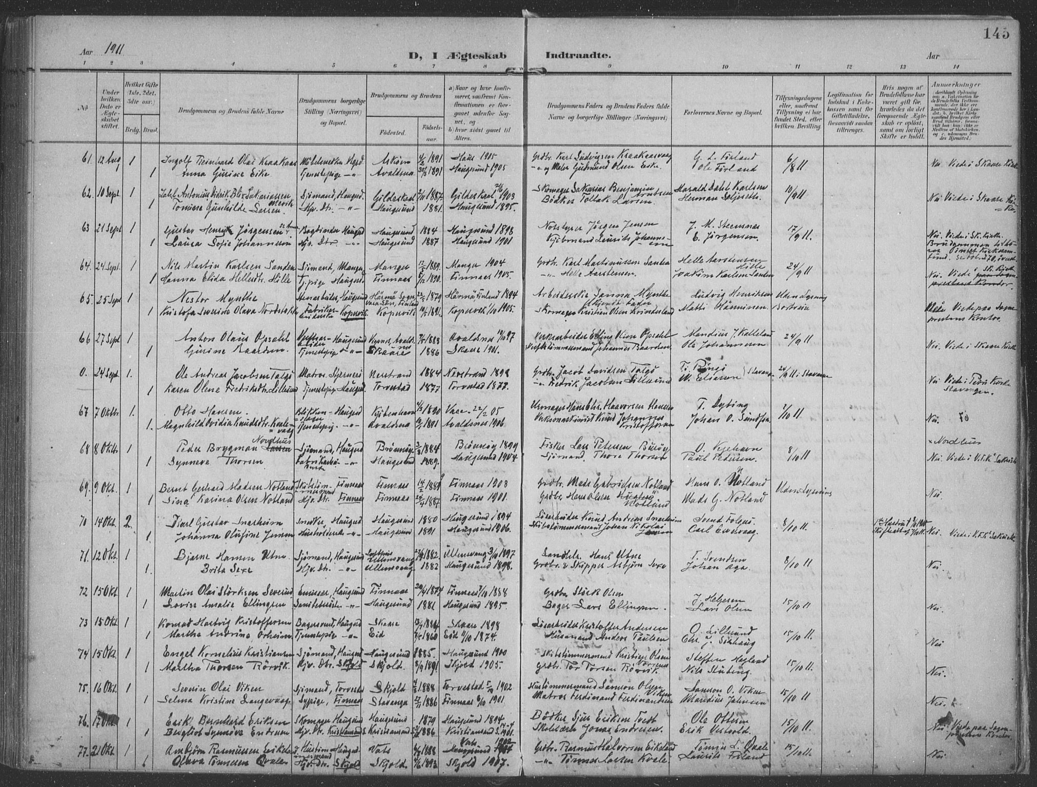 Haugesund sokneprestkontor, AV/SAST-A -101863/H/Ha/Haa/L0007: Parish register (official) no. A 7, 1904-1916, p. 145