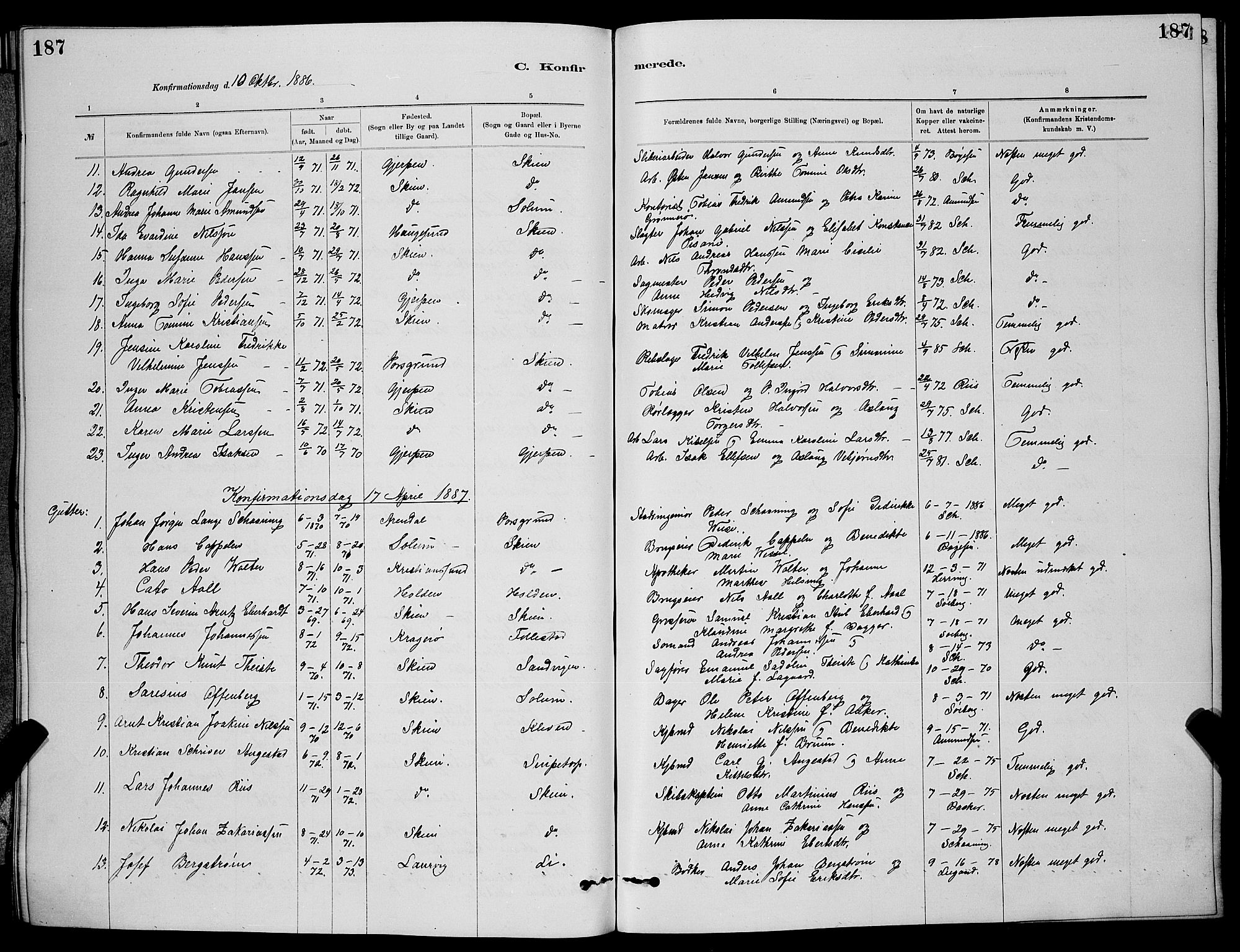 Skien kirkebøker, SAKO/A-302/G/Ga/L0006: Parish register (copy) no. 6, 1881-1890, p. 187