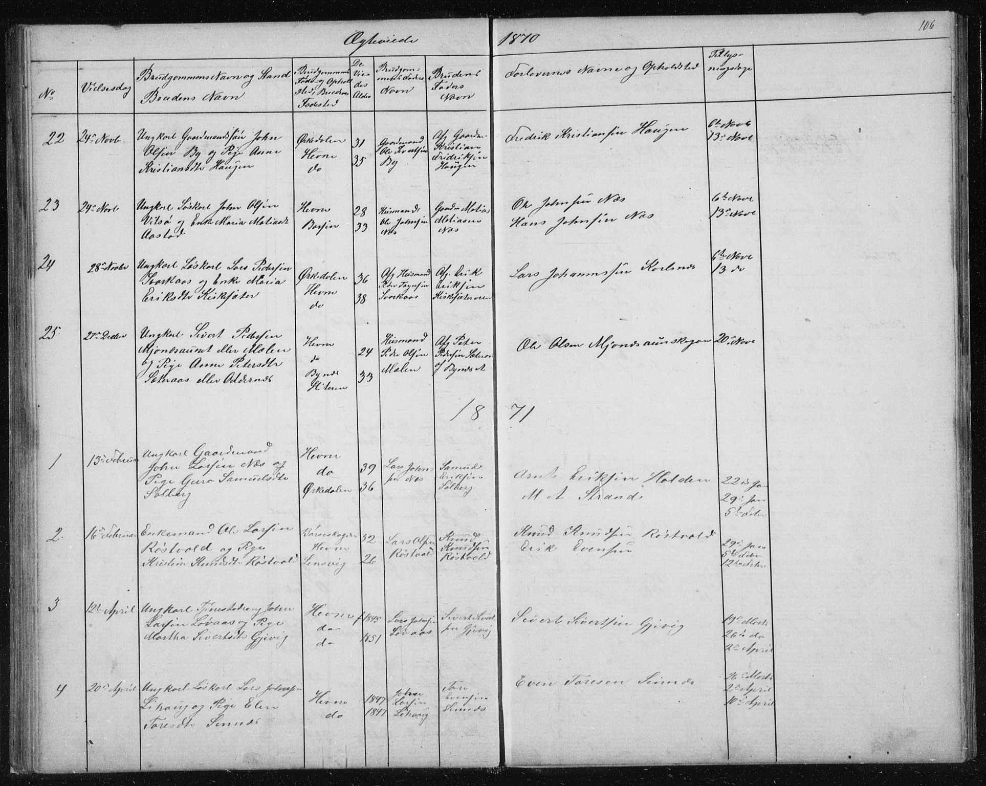 Ministerialprotokoller, klokkerbøker og fødselsregistre - Sør-Trøndelag, SAT/A-1456/630/L0503: Parish register (copy) no. 630C01, 1869-1878, p. 106