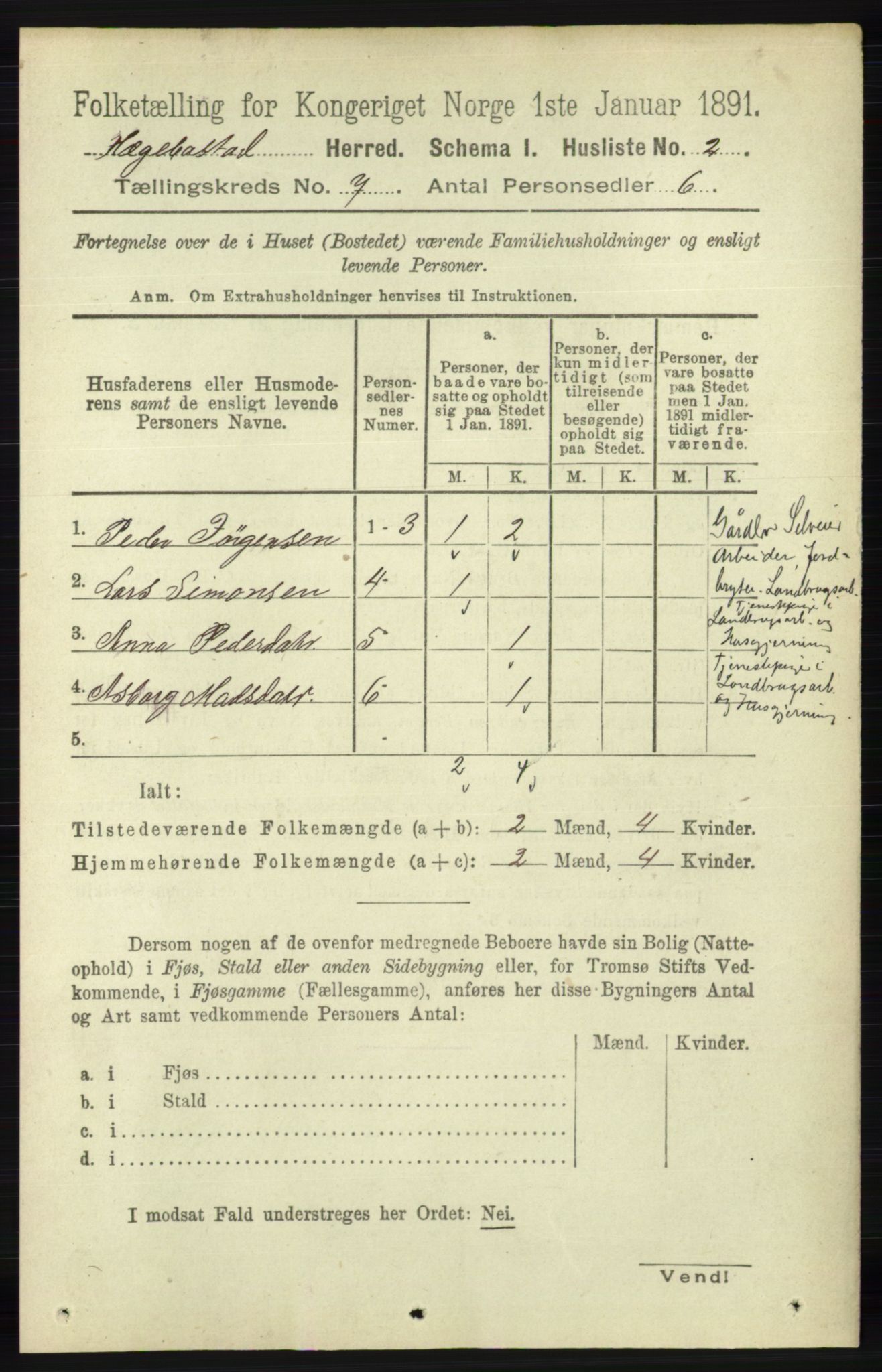 RA, 1891 census for 1034 Hægebostad, 1891, p. 2049