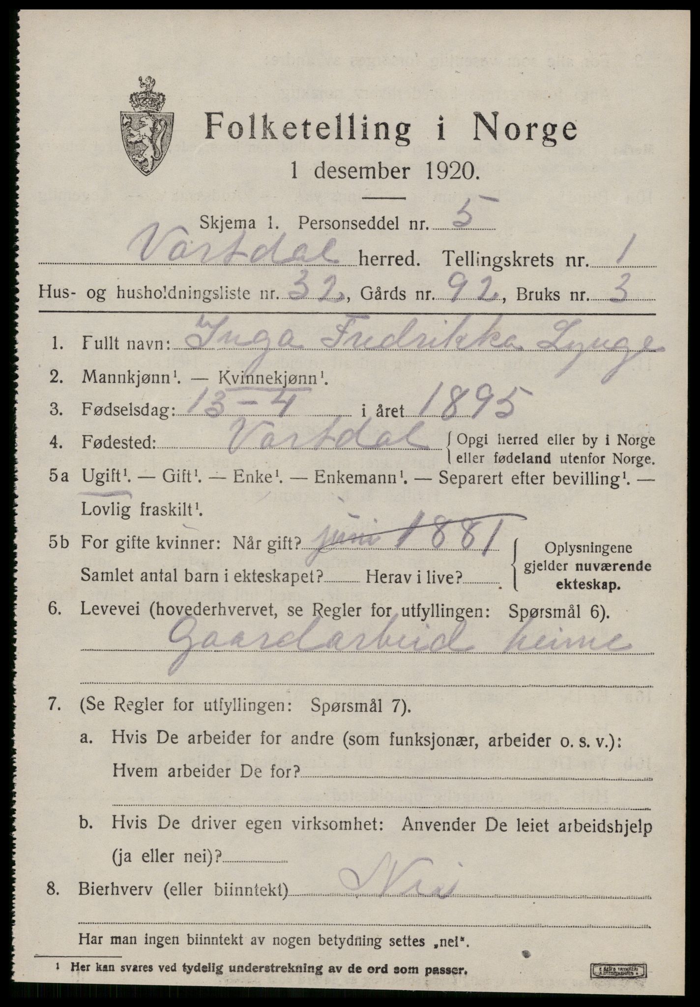 SAT, 1920 census for Vartdal, 1920, p. 739