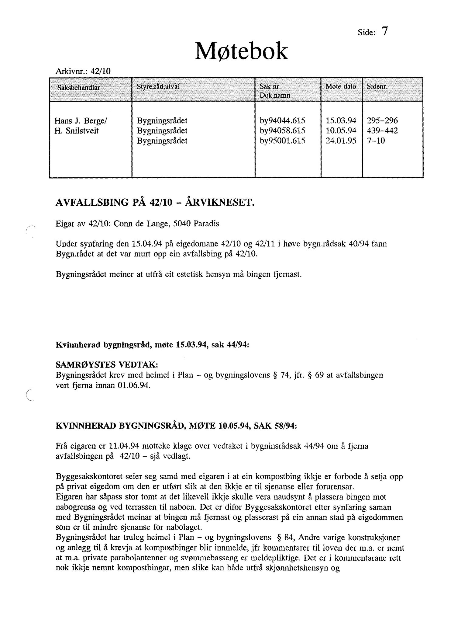 Kvinnherad kommune. Bygningsrådet , IKAH/1224-511/A/Aa/L0090: Møtebok for Kvinnherad bygningsråd, 1995