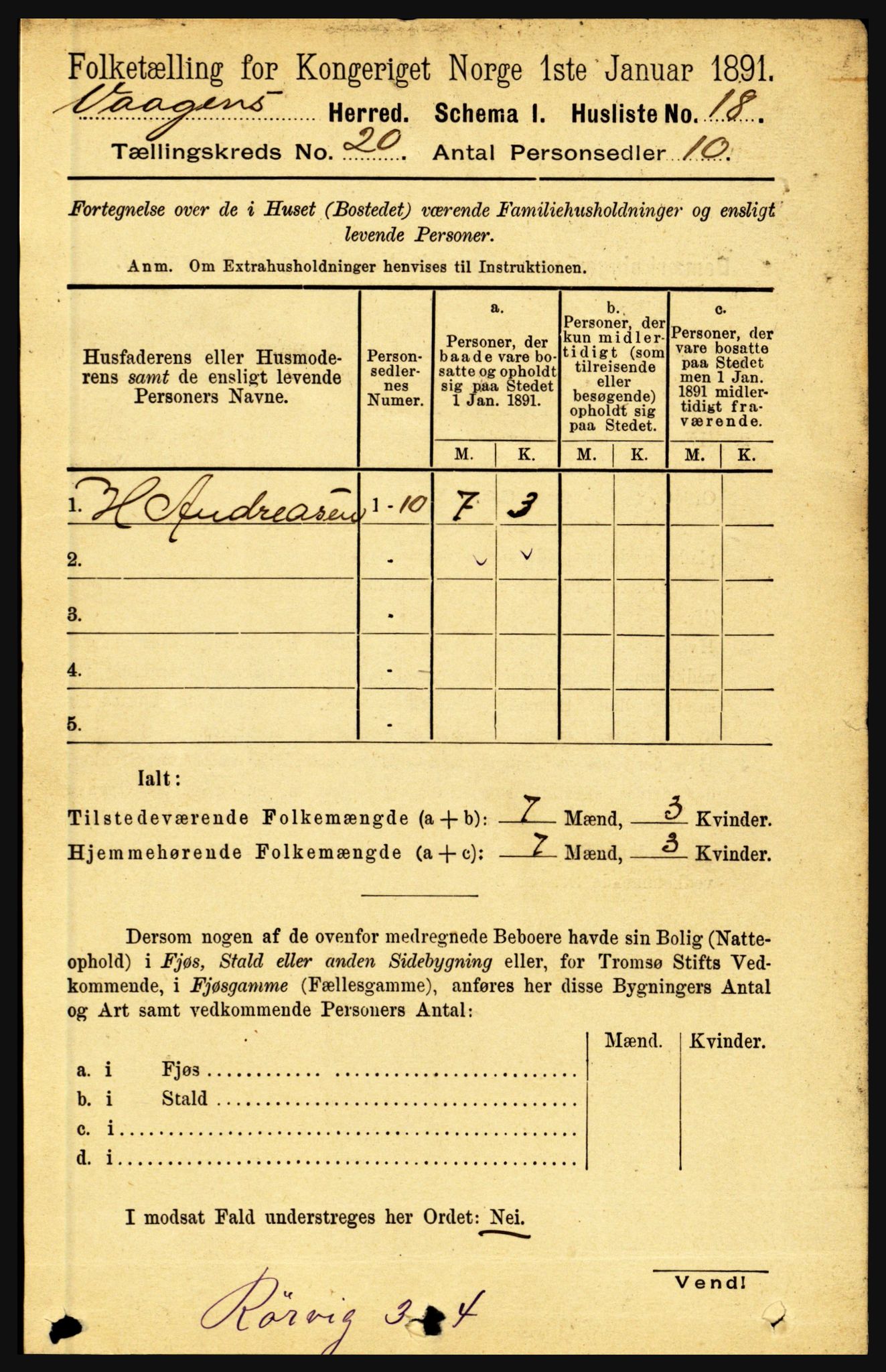 RA, 1891 census for 1865 Vågan, 1891, p. 5845