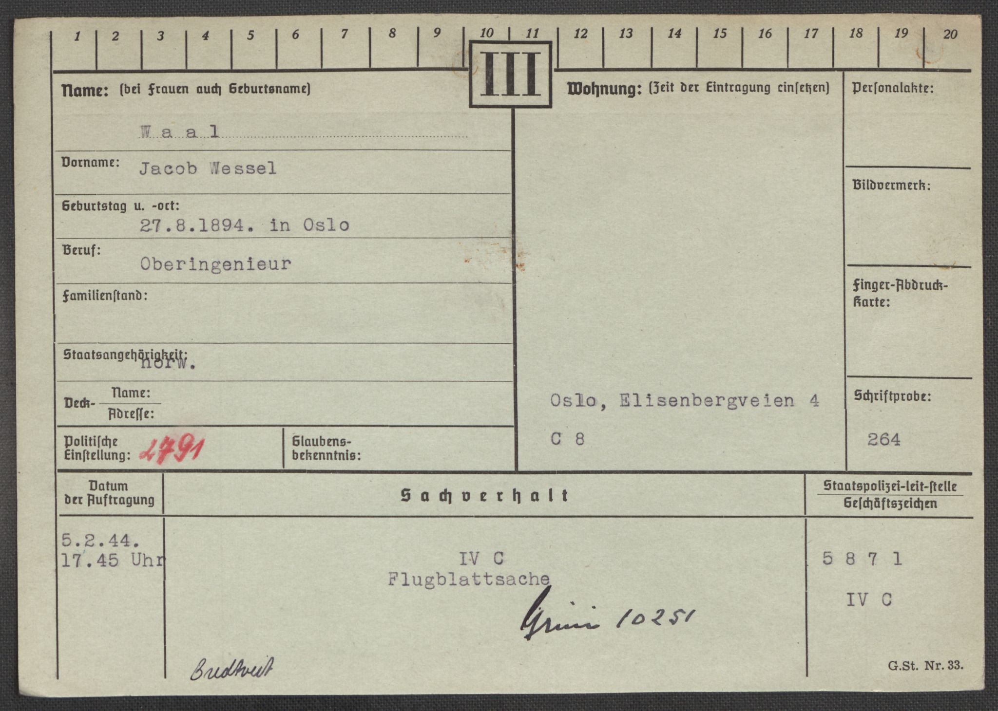 Befehlshaber der Sicherheitspolizei und des SD, AV/RA-RAFA-5969/E/Ea/Eaa/L0010: Register over norske fanger i Møllergata 19: Sø-Å, 1940-1945, p. 1158