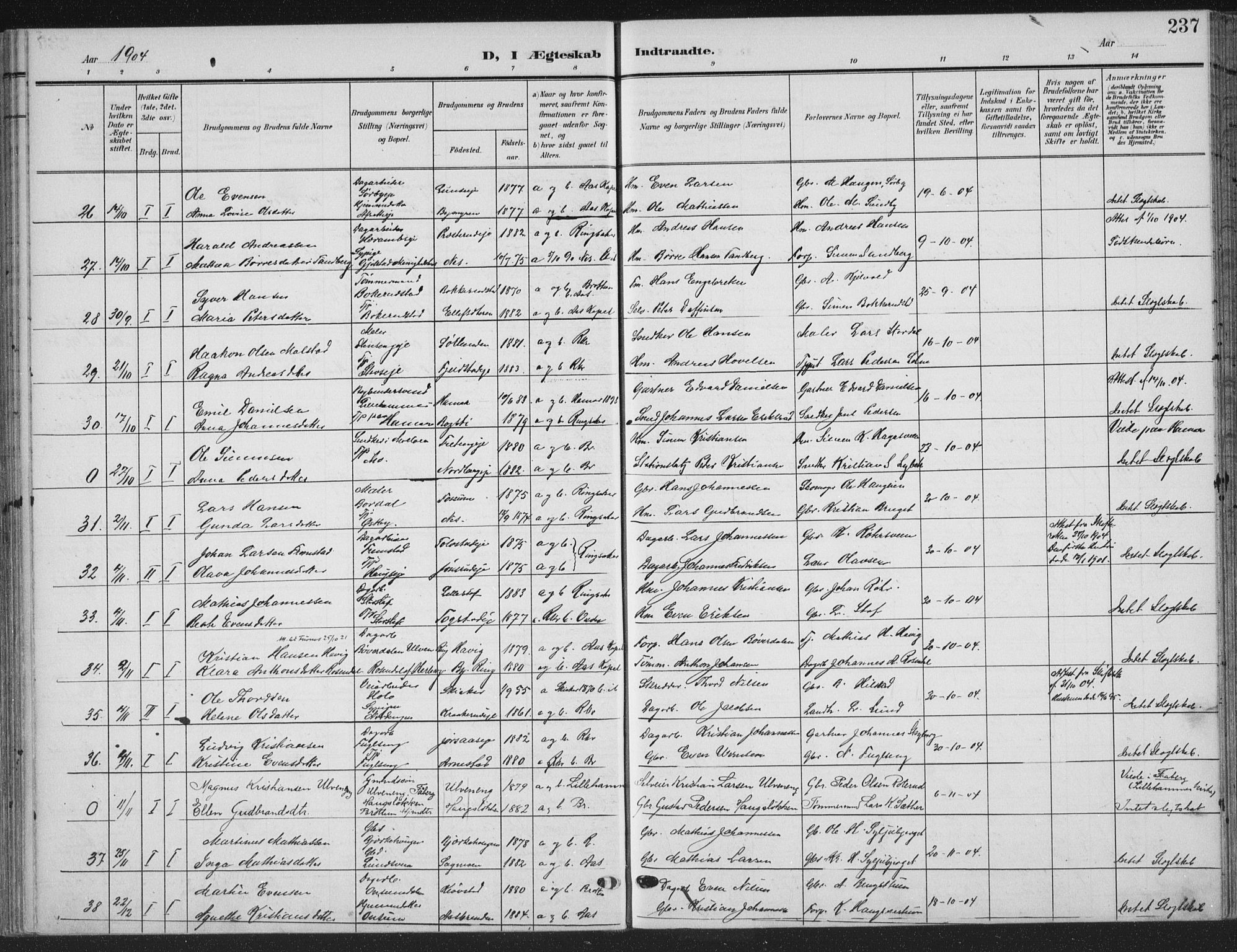 Ringsaker prestekontor, SAH/PREST-014/K/Ka/L0018: Parish register (official) no. 18, 1903-1912, p. 237