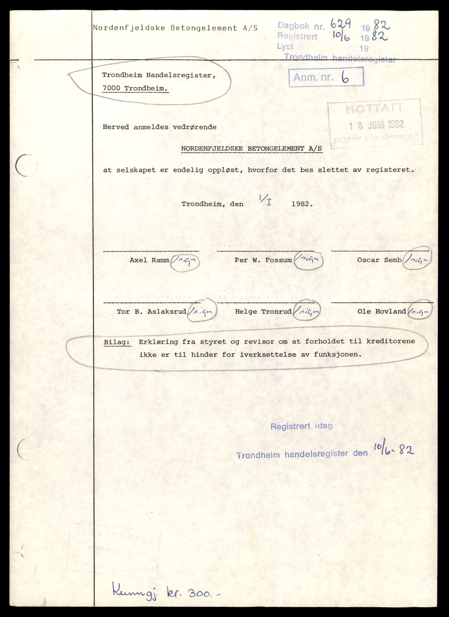 Trondheim byfogd, AV/SAT-A-0003/2/J/Jd/Jdb/L0078: Aksjeselskap, andelslag og borettslag, Nor-Nor, 1982-1985, p. 1