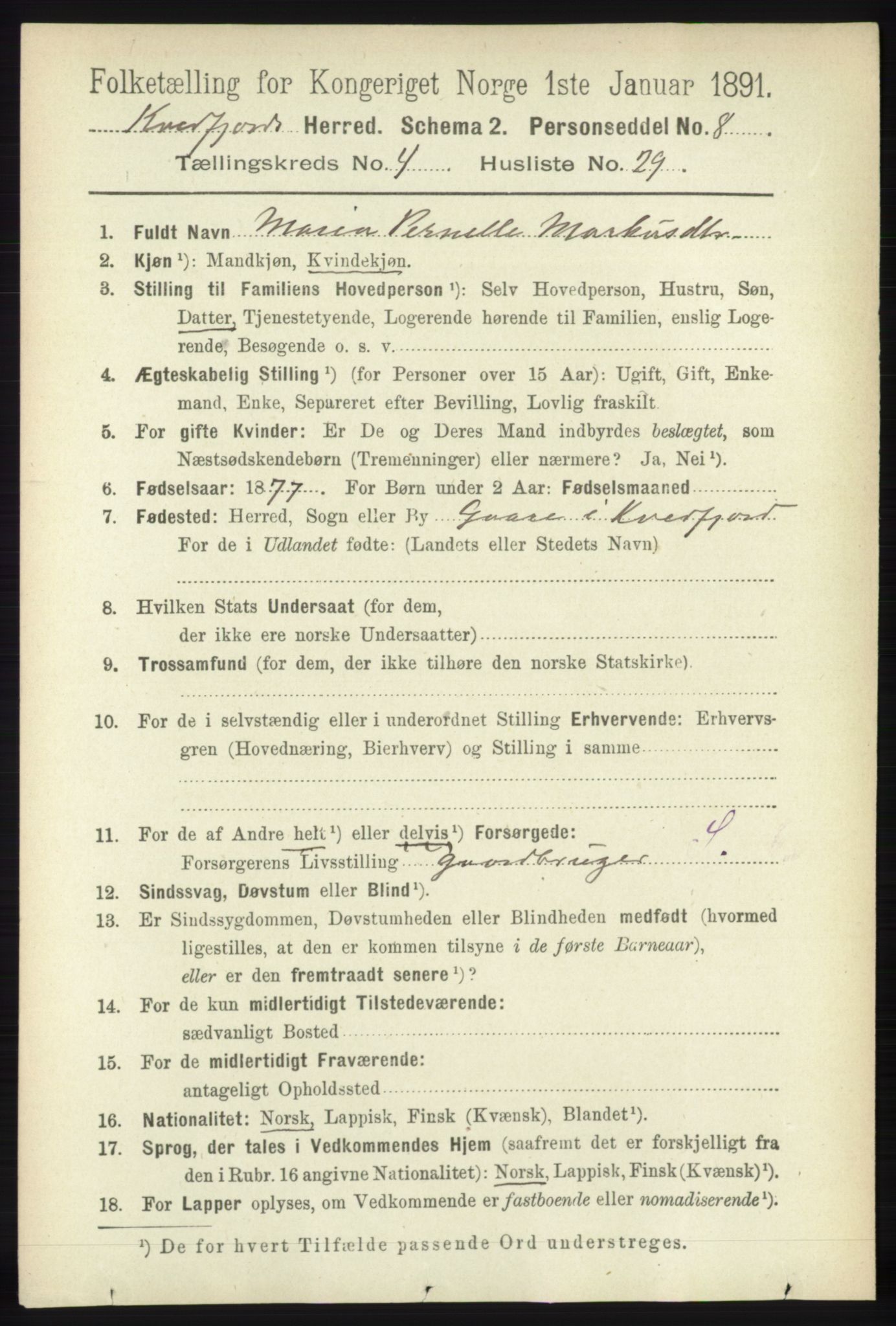 RA, 1891 census for 1911 Kvæfjord, 1891, p. 2081