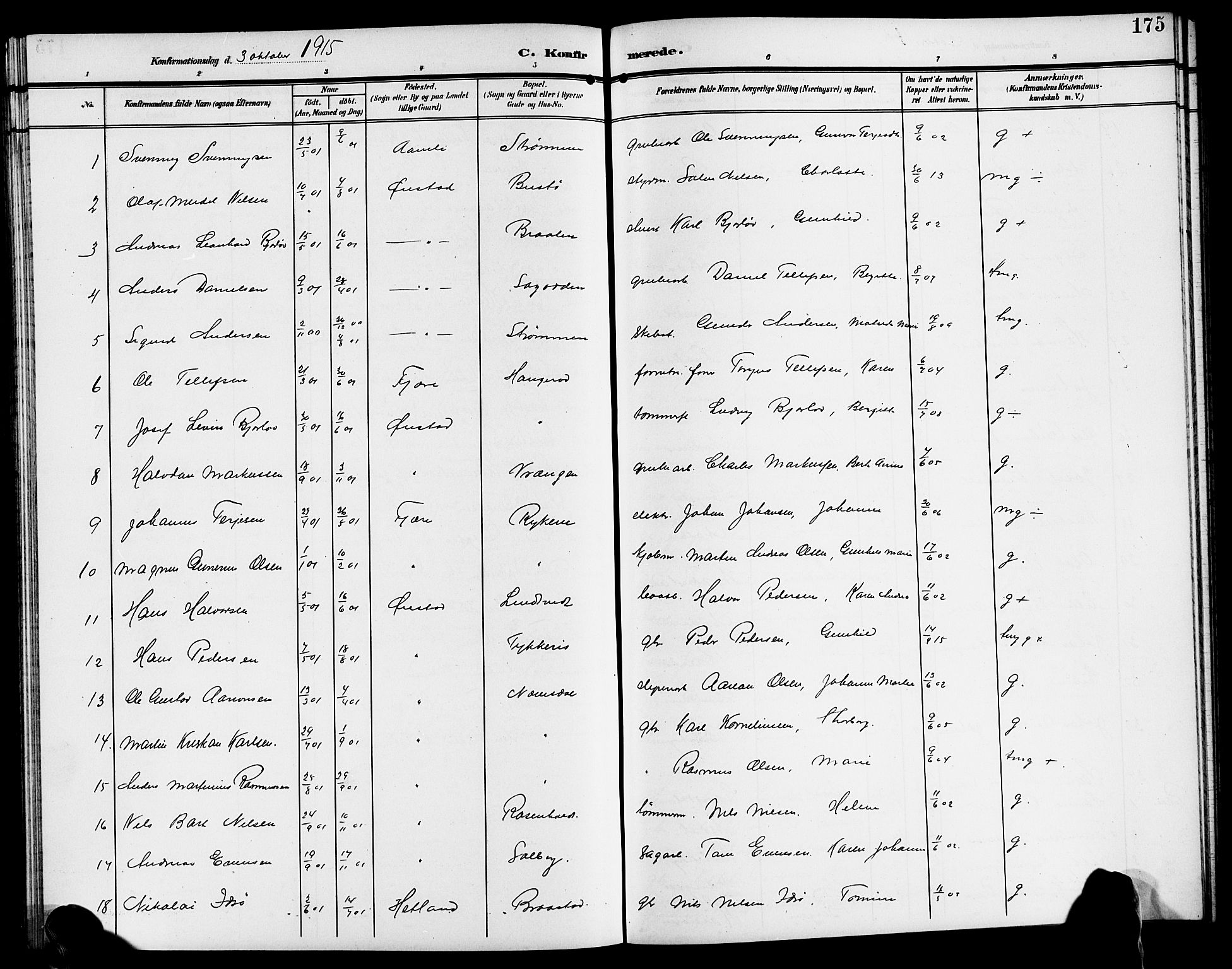 Øyestad sokneprestkontor, AV/SAK-1111-0049/F/Fb/L0011: Parish register (copy) no. B 11, 1906-1918, p. 175