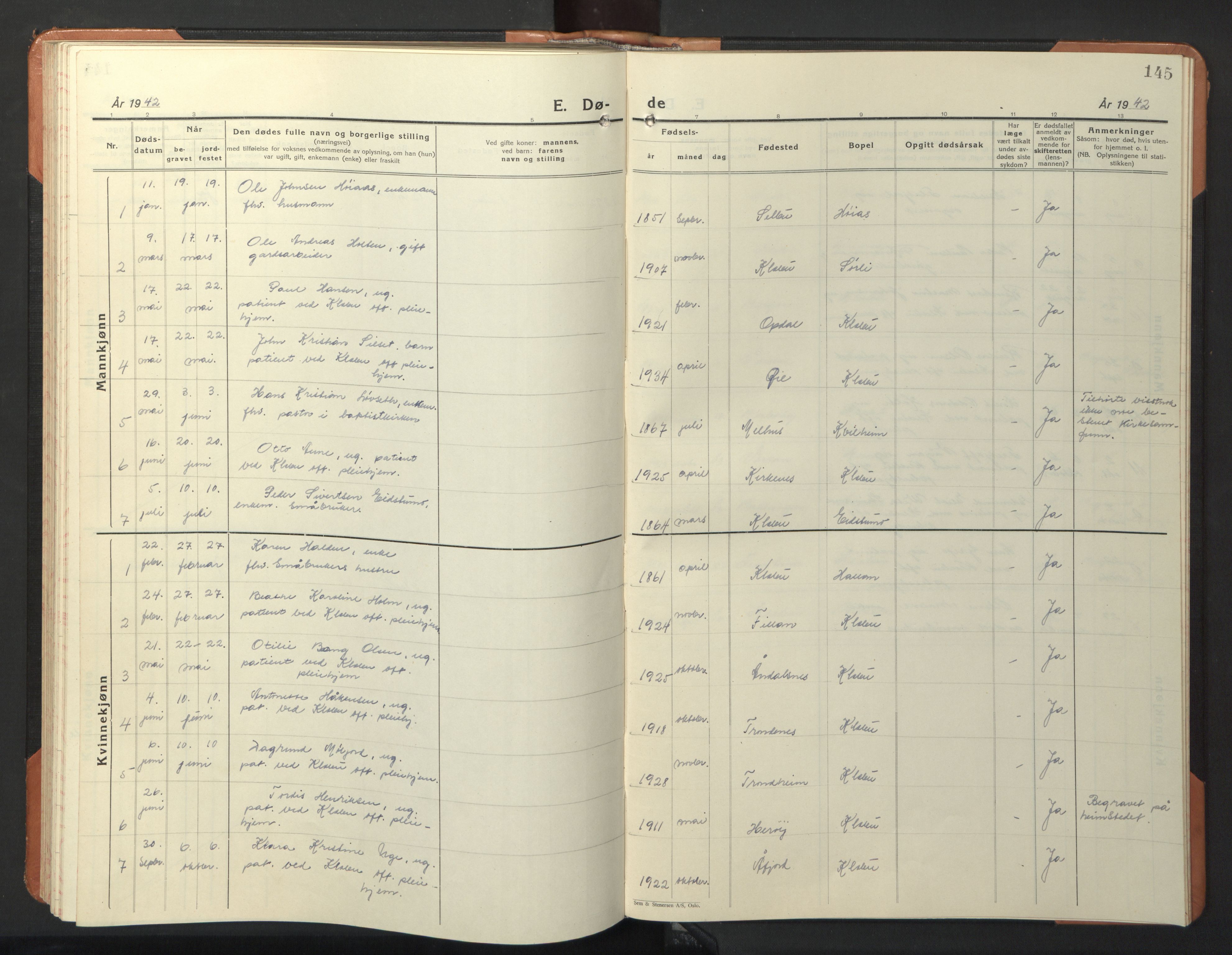 Ministerialprotokoller, klokkerbøker og fødselsregistre - Sør-Trøndelag, AV/SAT-A-1456/618/L0454: Parish register (copy) no. 618C05, 1926-1946, p. 145