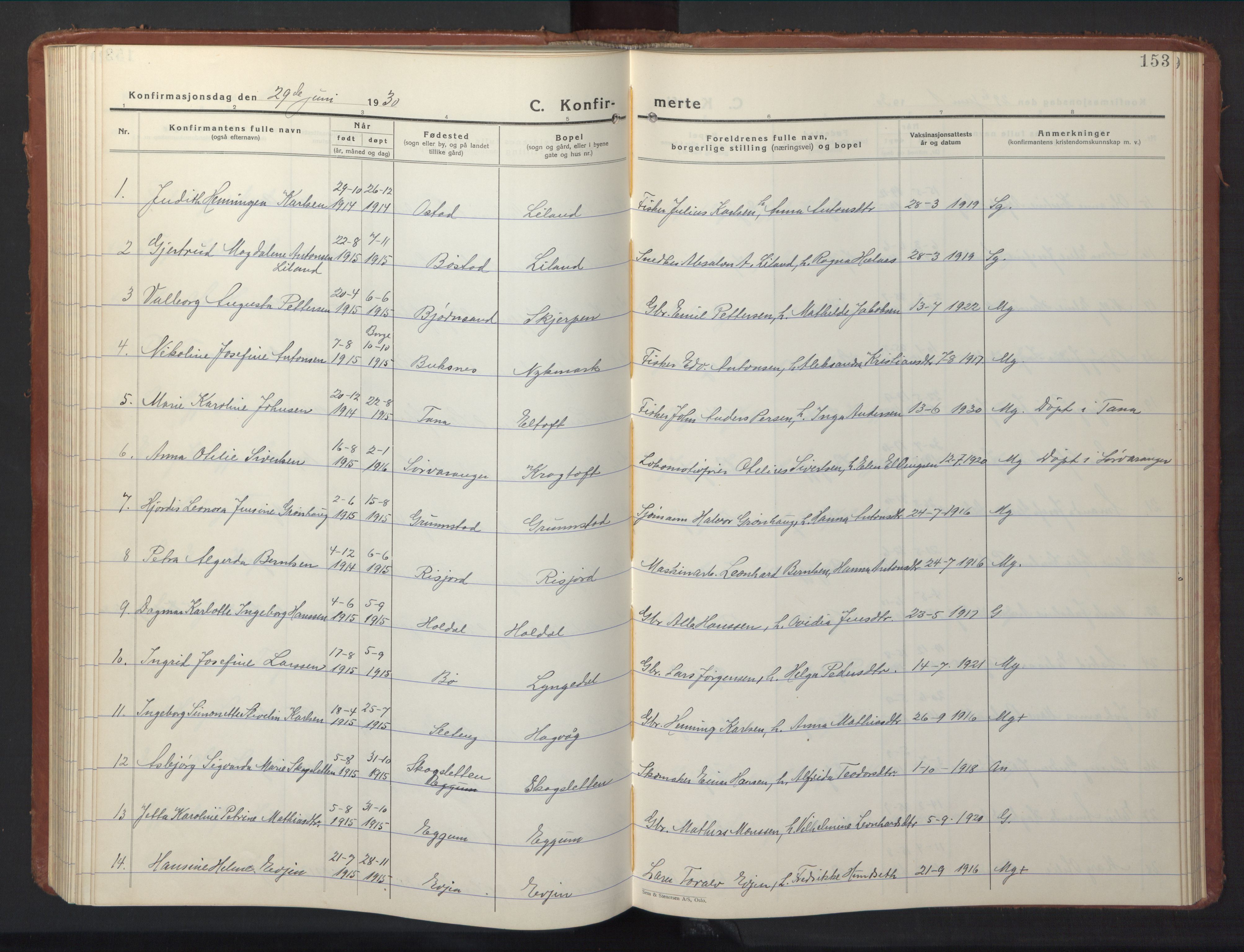 Ministerialprotokoller, klokkerbøker og fødselsregistre - Nordland, SAT/A-1459/880/L1143: Parish register (copy) no. 880C05, 1929-1951, p. 153