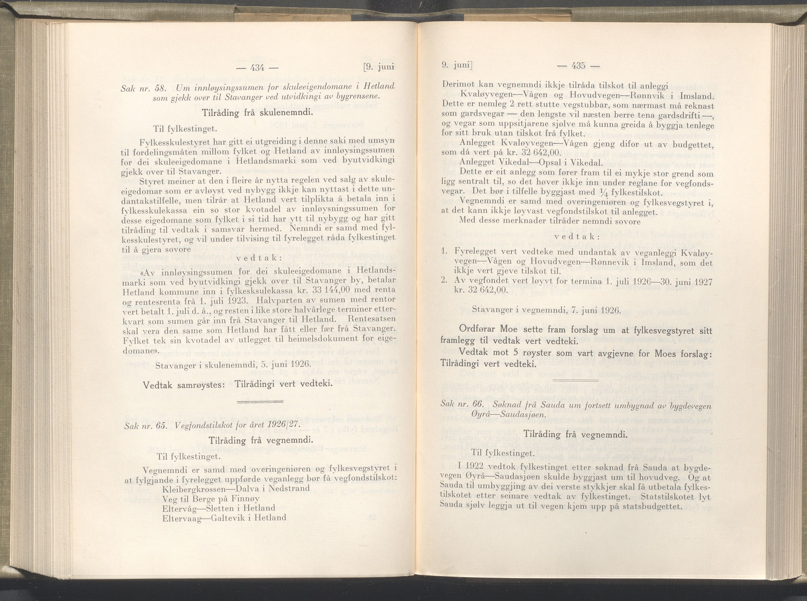 Rogaland fylkeskommune - Fylkesrådmannen , IKAR/A-900/A/Aa/Aaa/L0045: Møtebok , 1926, p. 434-435