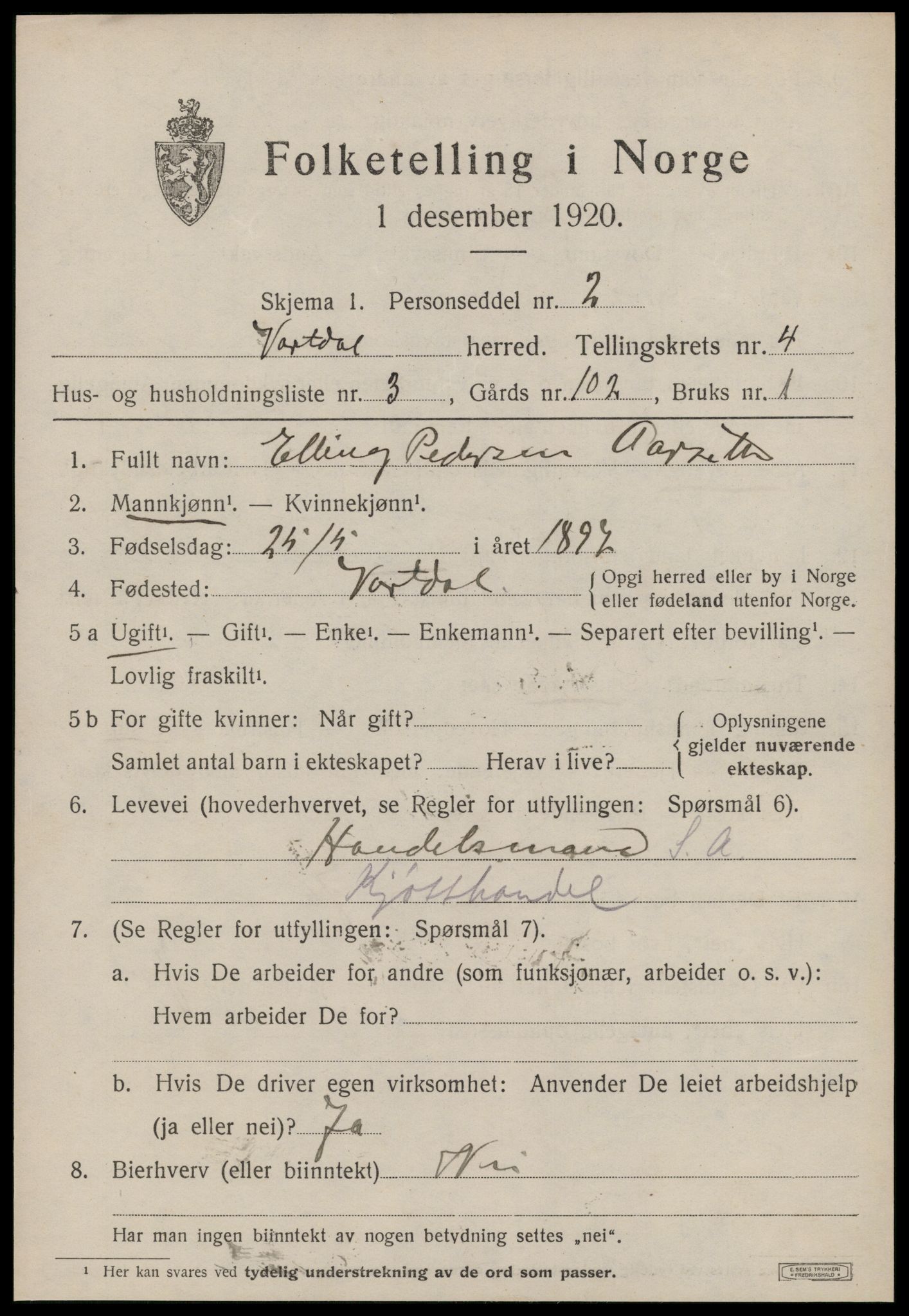 SAT, 1920 census for Vartdal, 1920, p. 1681