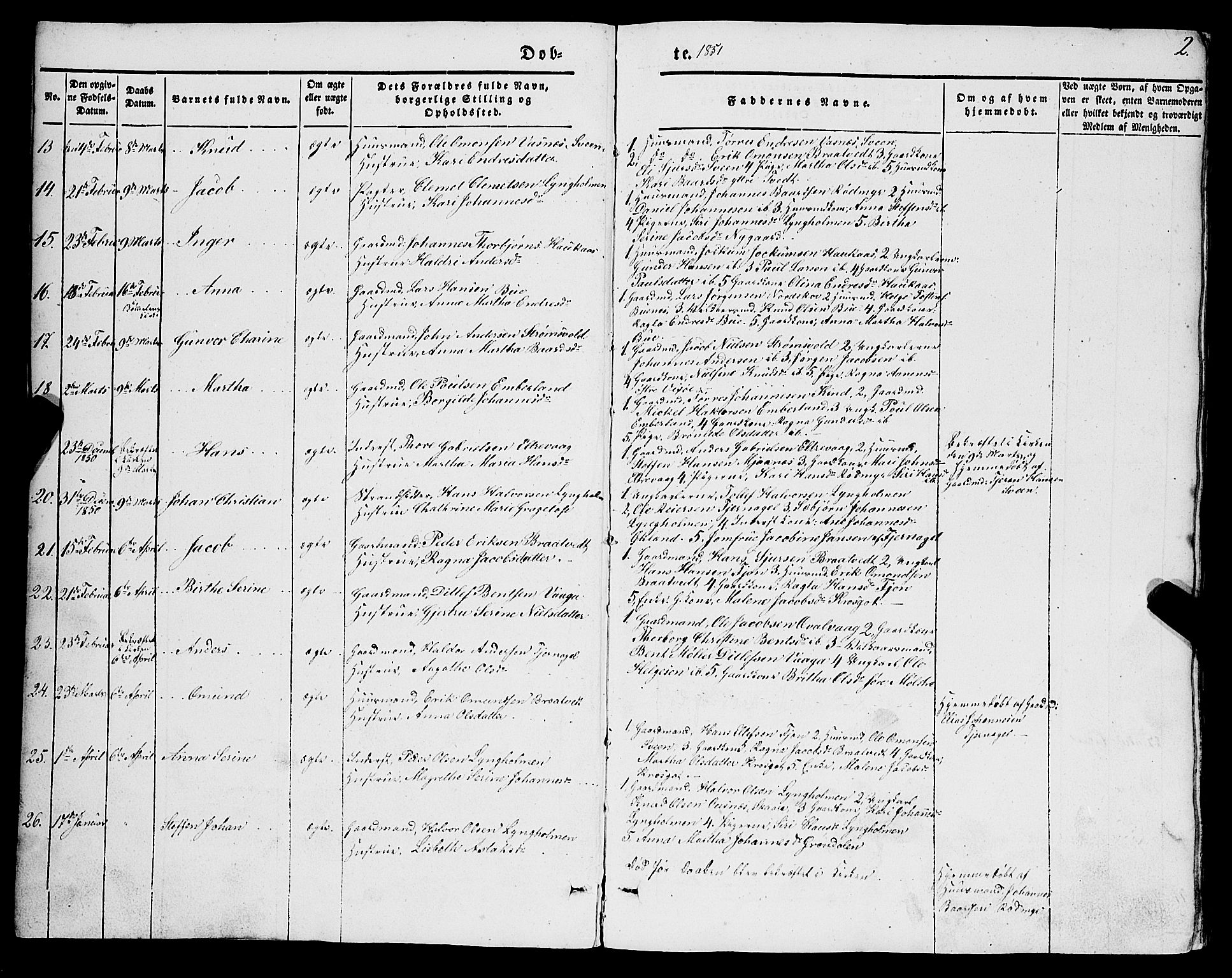Sveio Sokneprestembete, AV/SAB-A-78501/H/Hab: Parish register (copy) no. A 1, 1851-1865, p. 2
