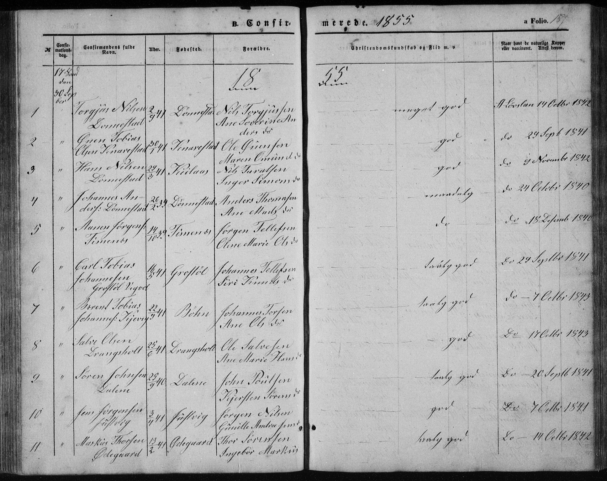 Tveit sokneprestkontor, SAK/1111-0043/F/Fb/L0003: Parish register (copy) no. B 3, 1854-1886, p. 157