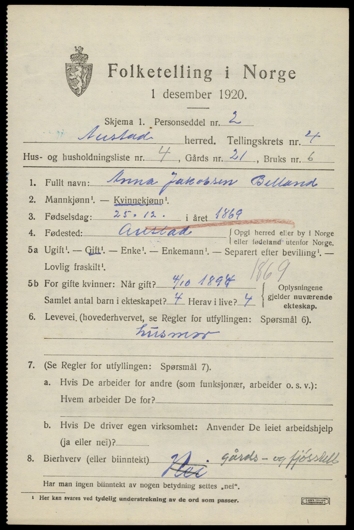 SAK, 1920 census for Austad, 1920, p. 1441