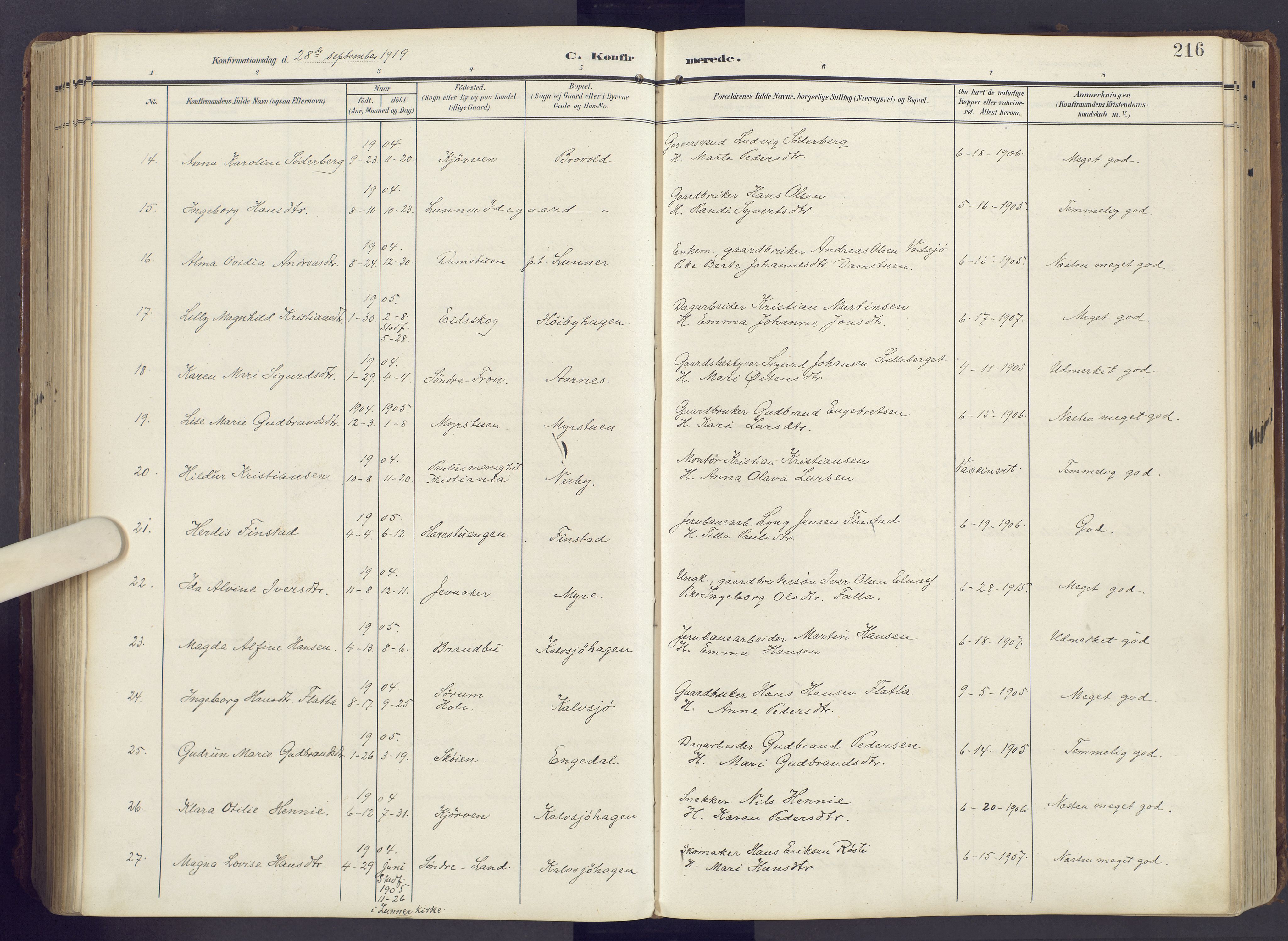 Lunner prestekontor, AV/SAH-PREST-118/H/Ha/Haa/L0001: Parish register (official) no. 1, 1907-1922, p. 216