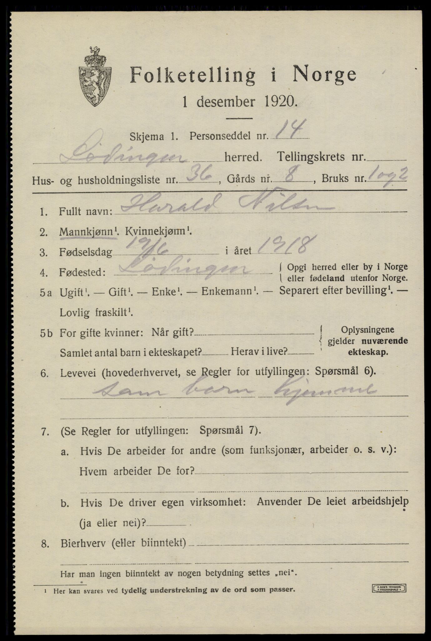 SAT, 1920 census for Lødingen, 1920, p. 1587