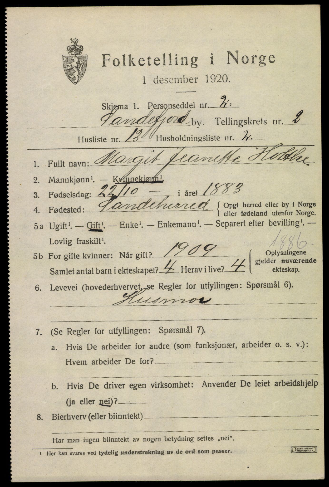 SAKO, 1920 census for Sandefjord, 1920, p. 5696