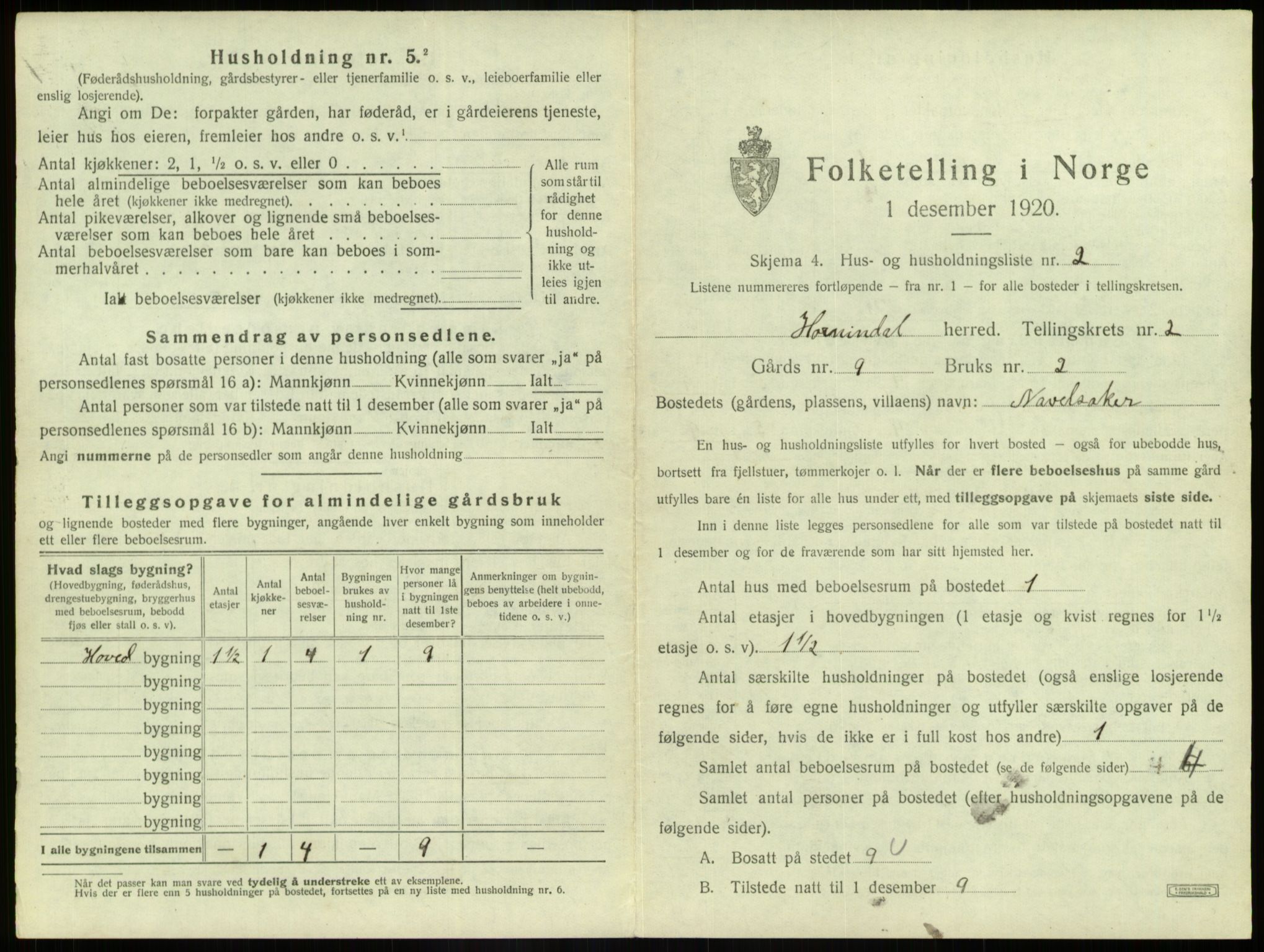 SAB, 1920 census for Hornindal, 1920, p. 84