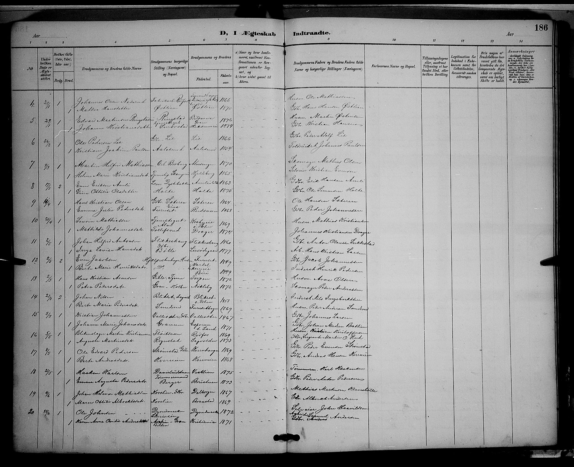 Vestre Toten prestekontor, SAH/PREST-108/H/Ha/Hab/L0009: Parish register (copy) no. 9, 1888-1900, p. 186