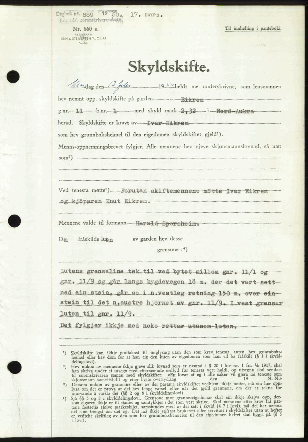 Romsdal sorenskriveri, AV/SAT-A-4149/1/2/2C: Mortgage book no. A32, 1950-1950, Diary no: : 889/1950