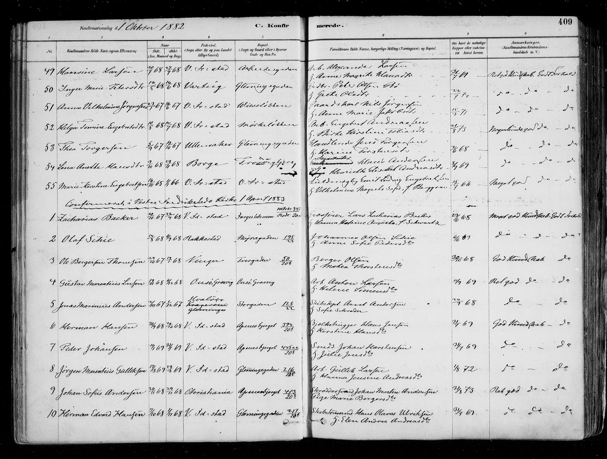 Fredrikstad domkirkes prestekontor Kirkebøker, AV/SAO-A-10906/F/Fa/L0004: Parish register (official) no. 4, 1878-1907, p. 409