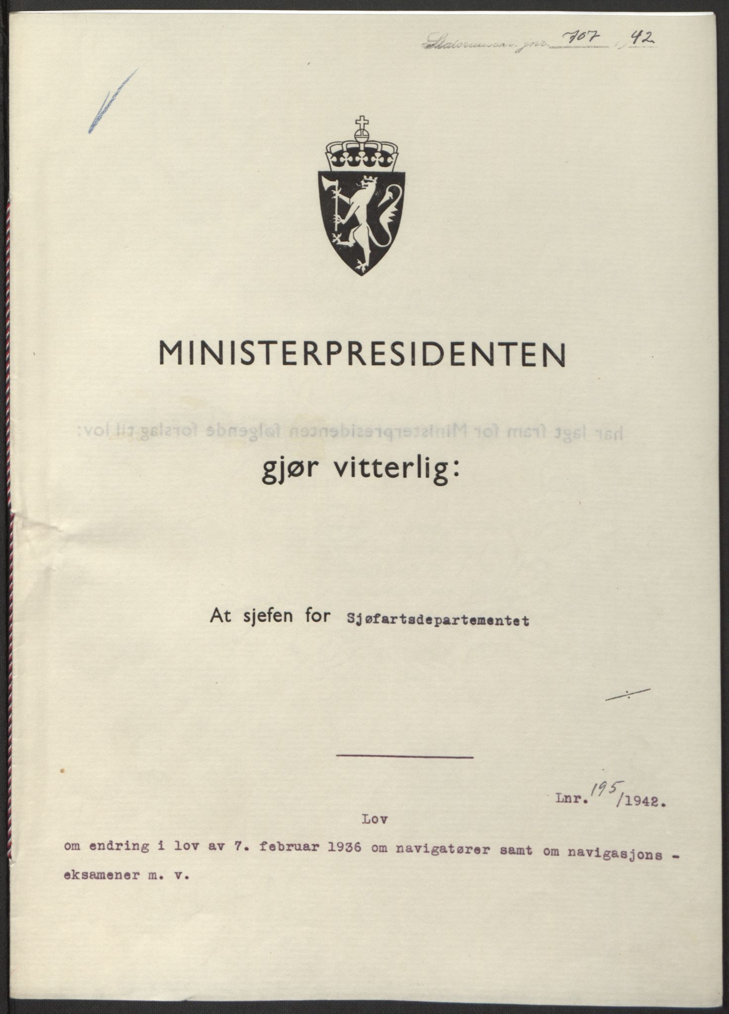 NS-administrasjonen 1940-1945 (Statsrådsekretariatet, de kommisariske statsråder mm), RA/S-4279/D/Db/L0098: Lover II, 1942, p. 400
