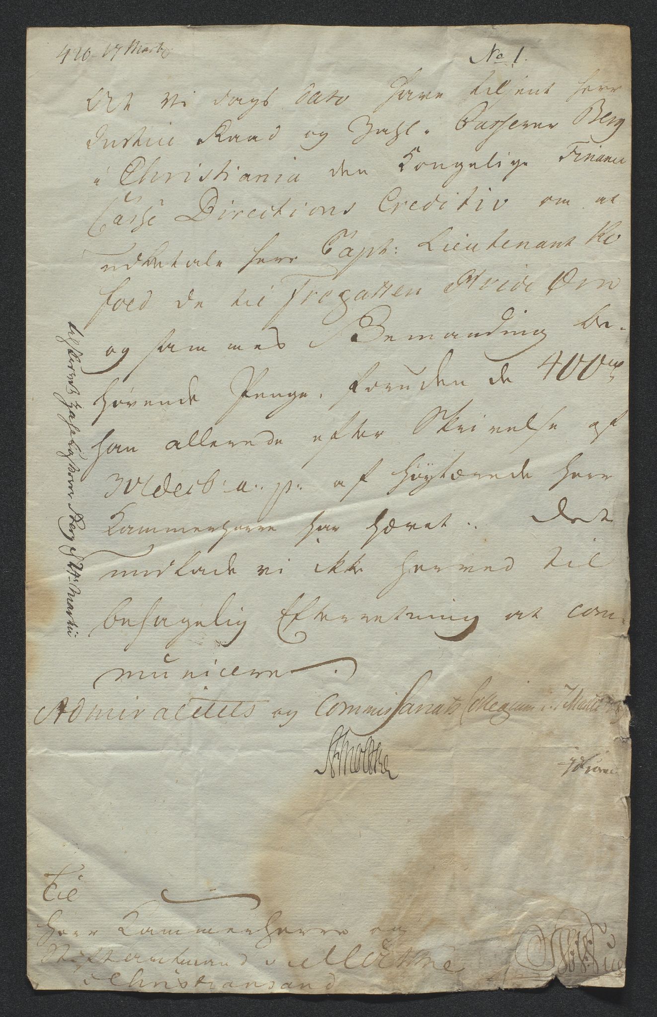 Stiftamtmannen i Kristiansand, SAK/1271-0005/D/Da/Daa/L0678/0011: Innkomne brev / Admiralitets- og kommissariatskollegiet, 1789-1804, p. 3