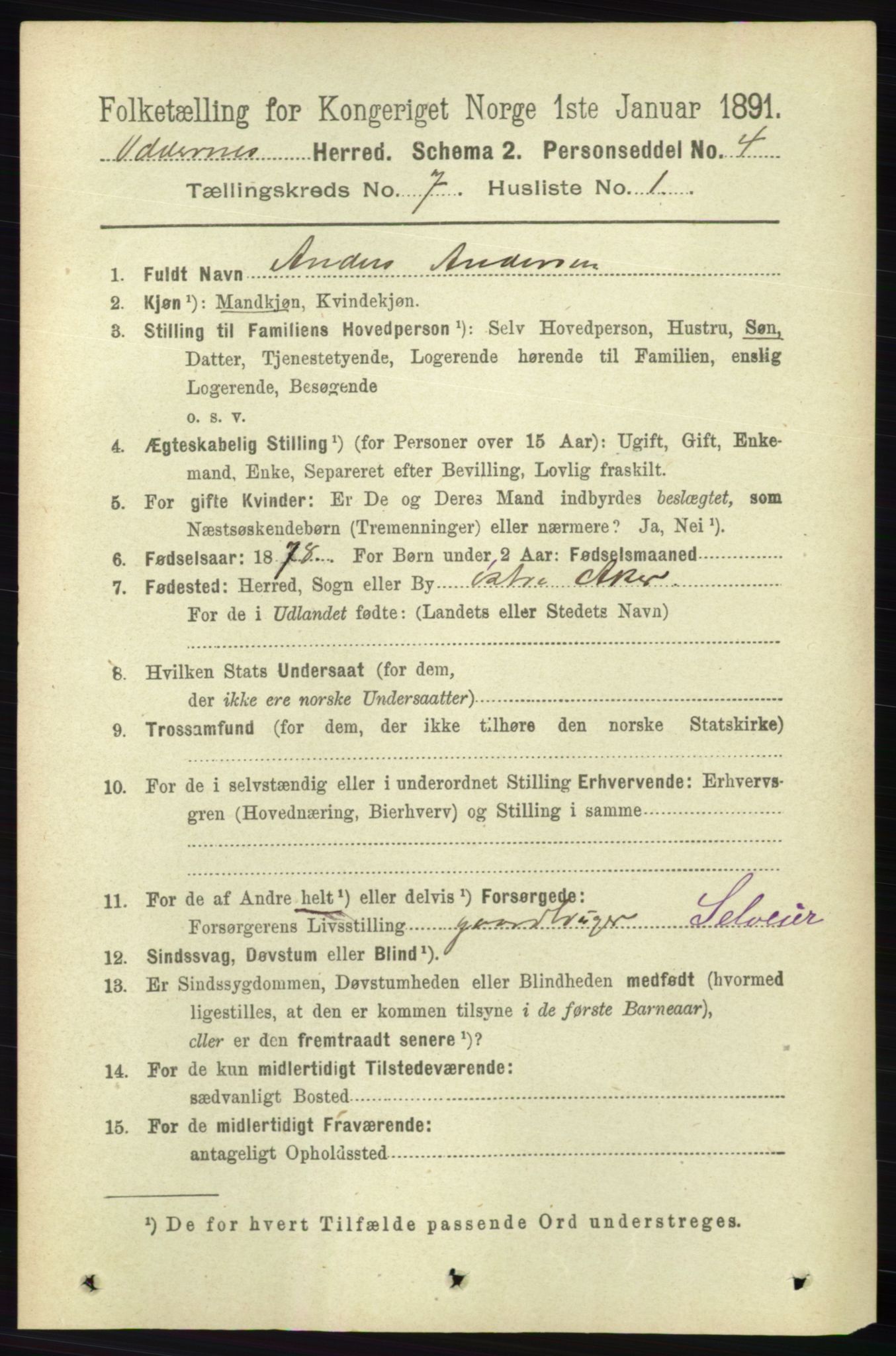 RA, 1891 census for 1012 Oddernes, 1891, p. 2480