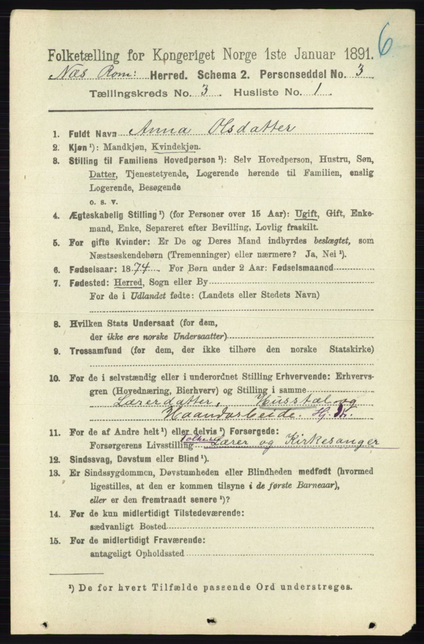 RA, 1891 census for 0236 Nes, 1891, p. 1579