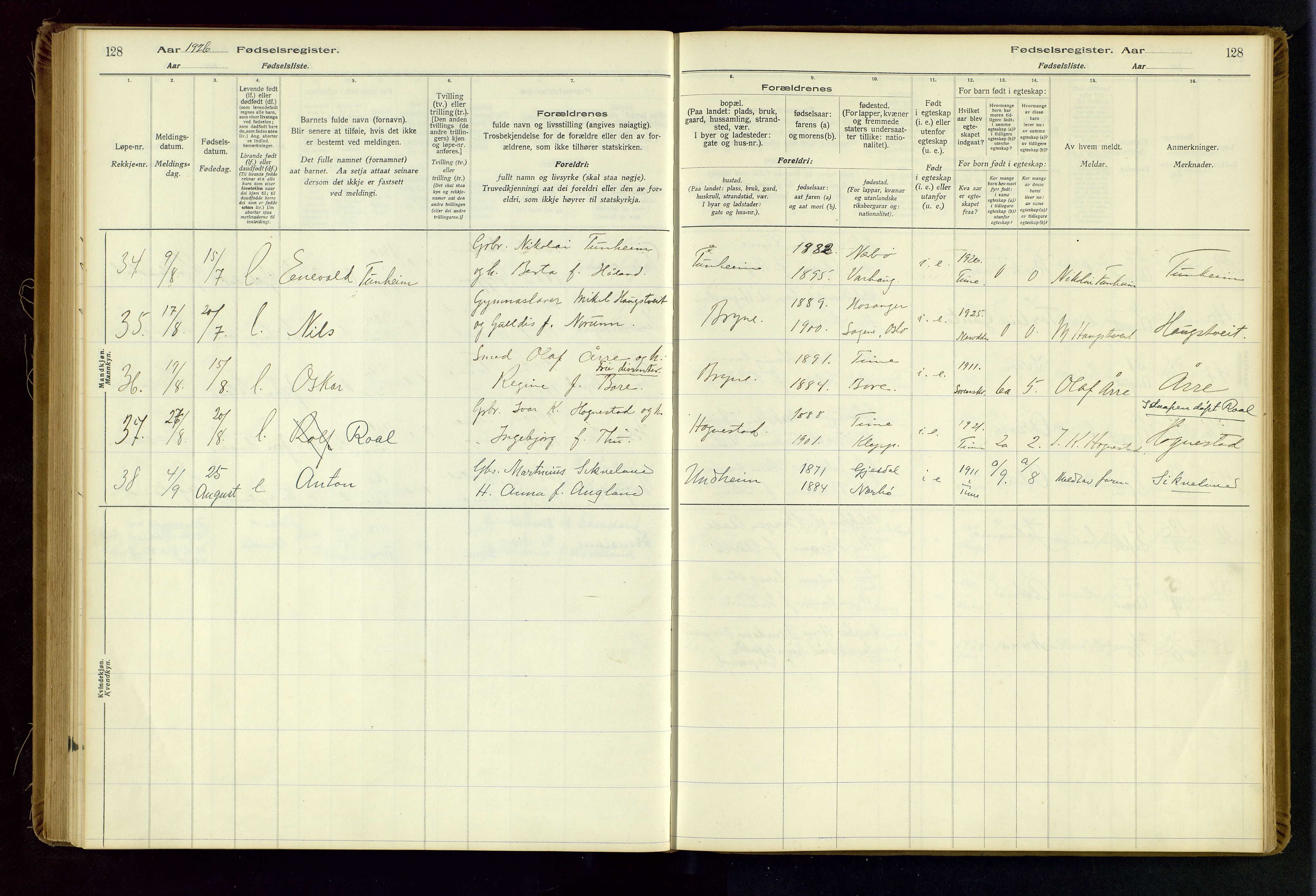 Time sokneprestkontor, AV/SAST-A-101795/001/704BA/L0001: Birth register no. 1, 1916-1934, p. 128