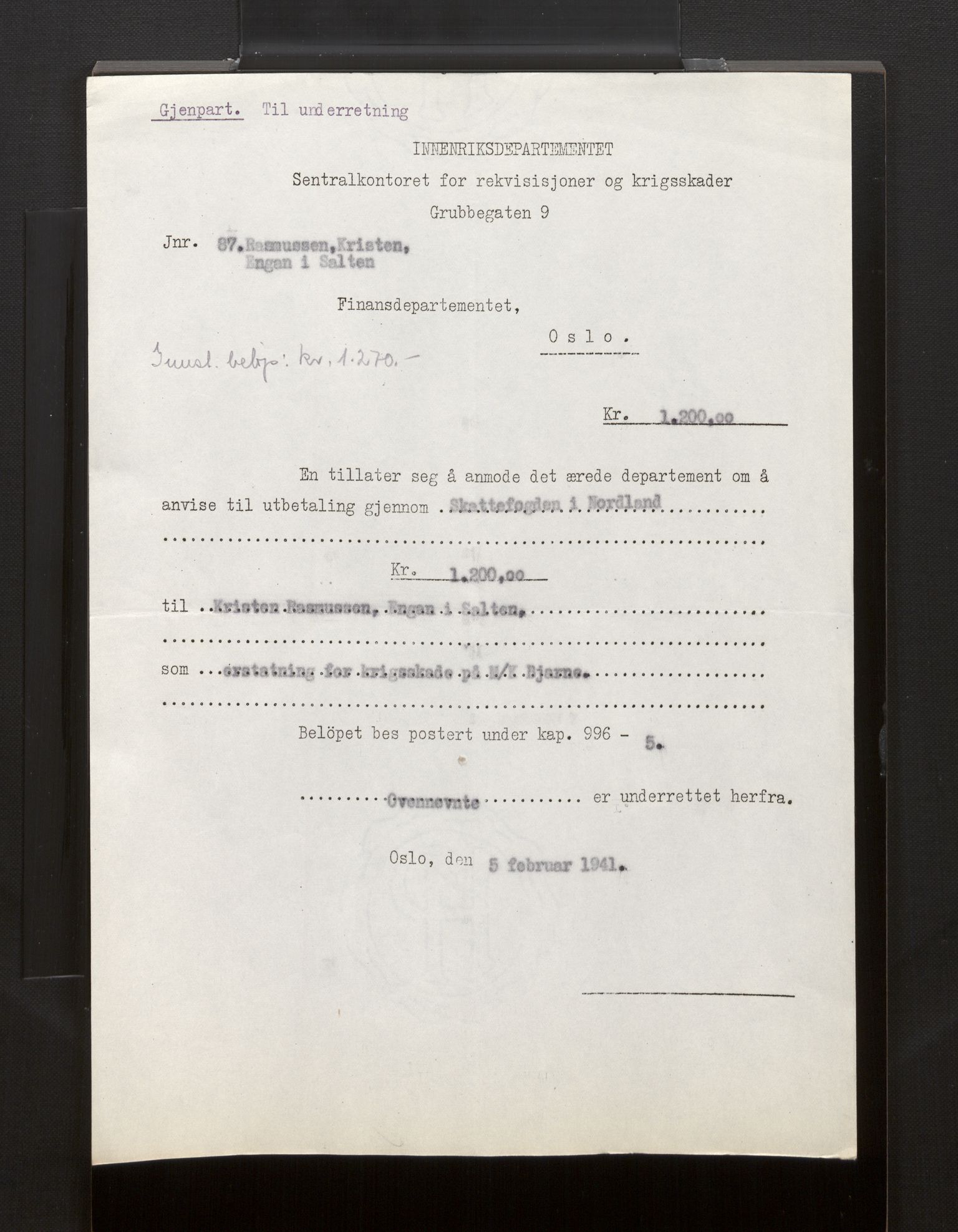 Fiskeridirektoratet - 1 Adm. ledelse - 13 Båtkontoret, AV/SAB-A-2003/La/L0008: Statens krigsforsikring for fiskeflåten, 1936-1971, p. 126