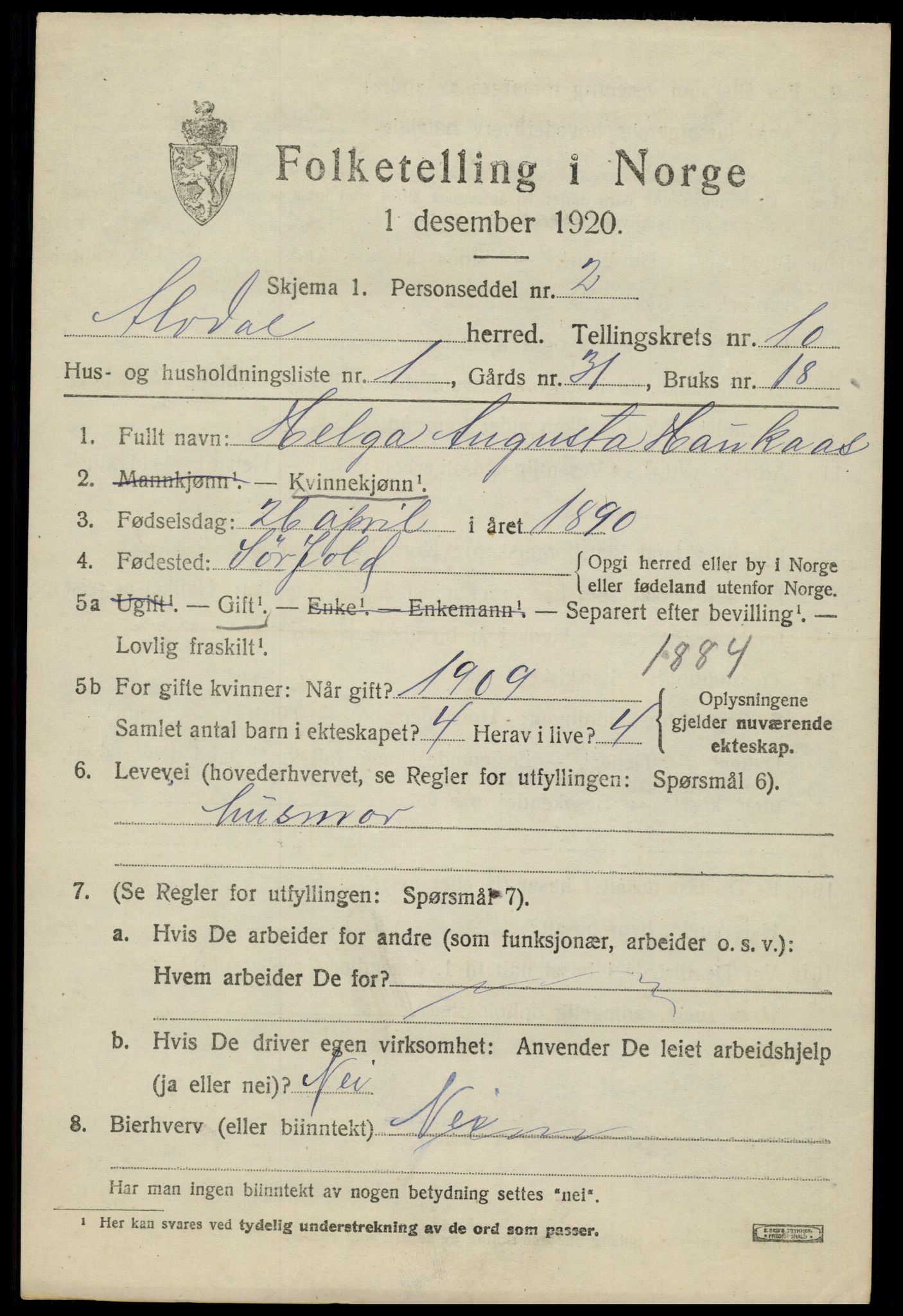 SAH, 1920 census for Alvdal, 1920, p. 5460