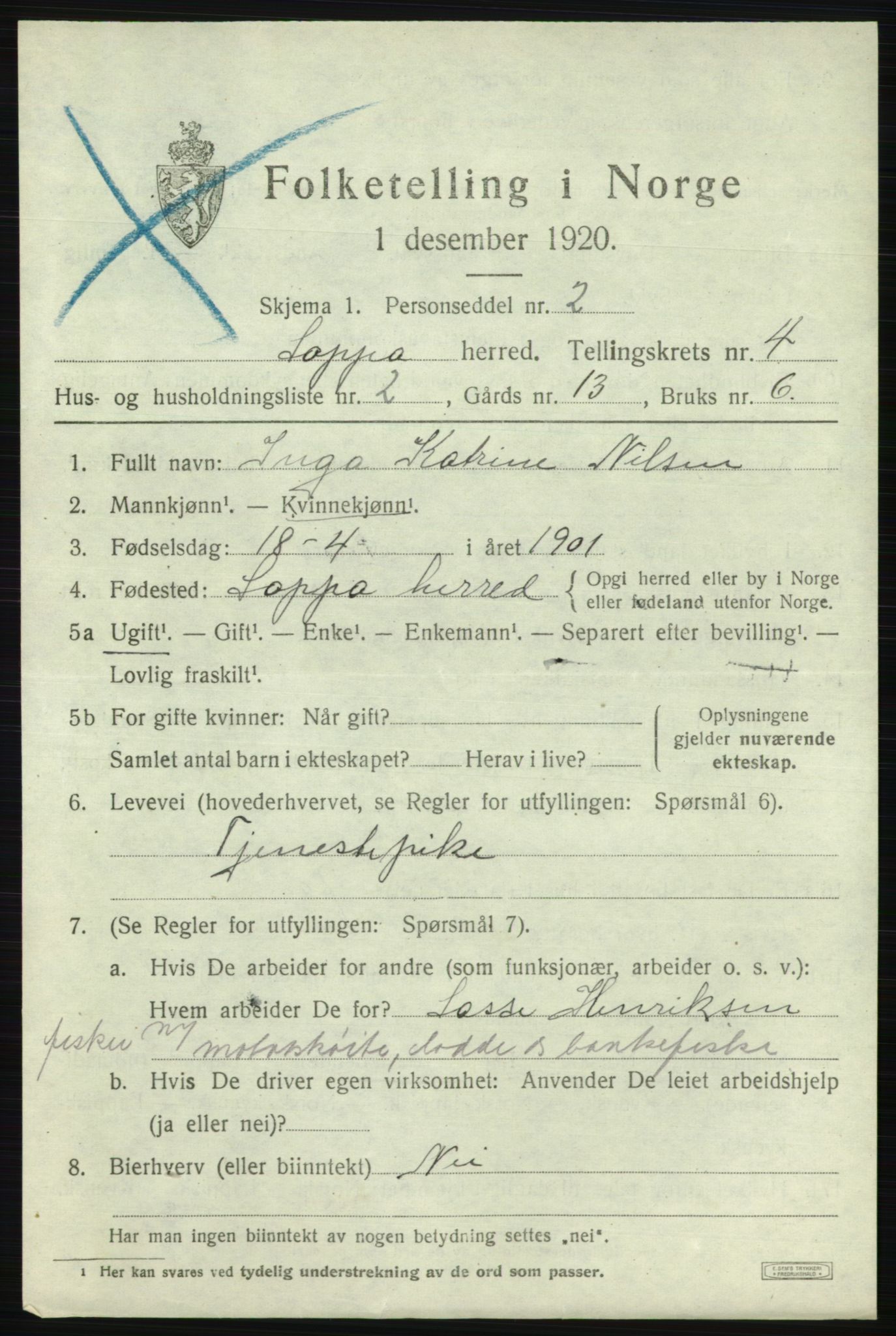 SATØ, 1920 census for Loppa, 1920, p. 1318