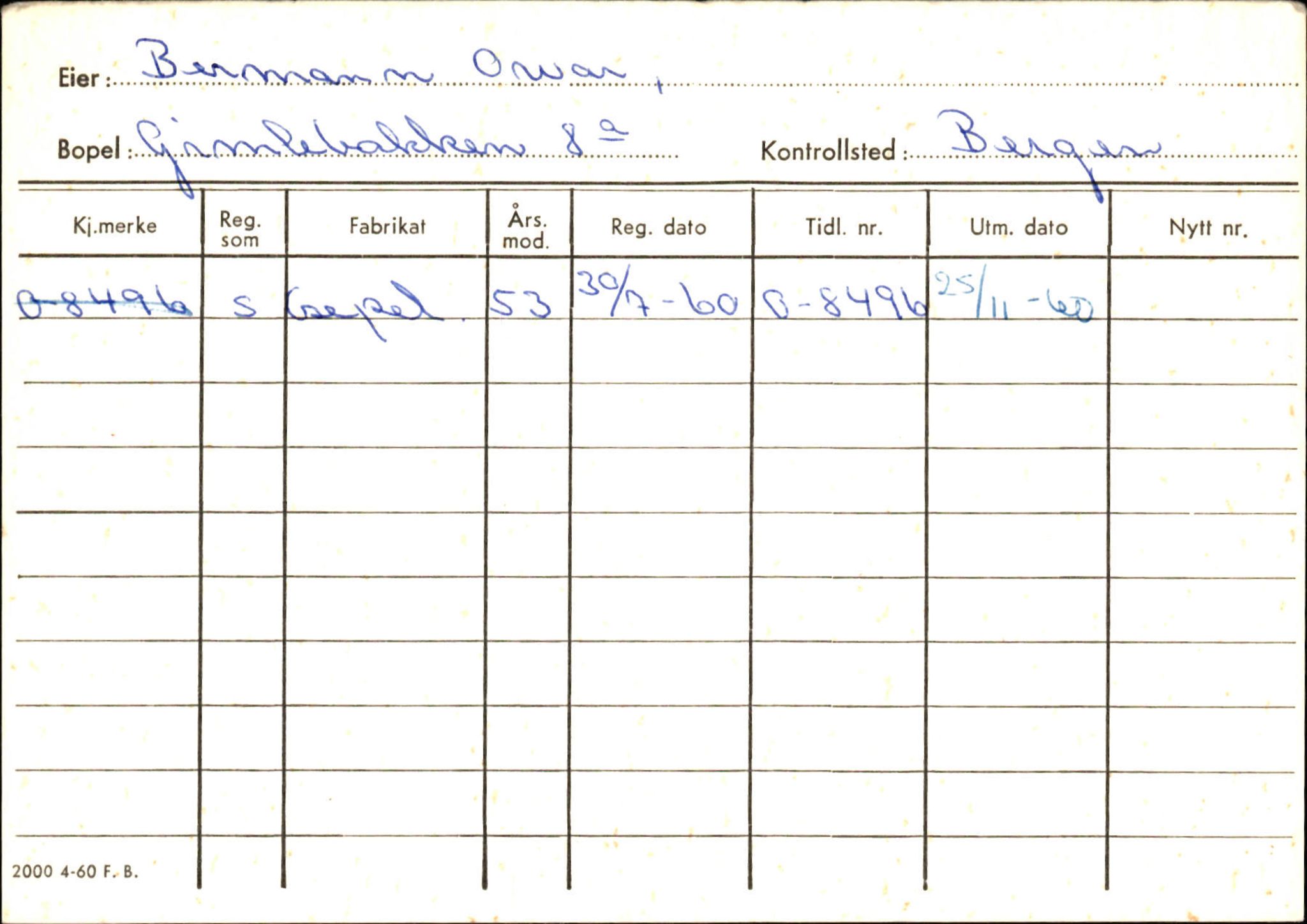 Statens vegvesen, Hordaland vegkontor, AV/SAB-A-5201/2/Hb/L0004: O-eierkort B, 1920-1971, p. 1