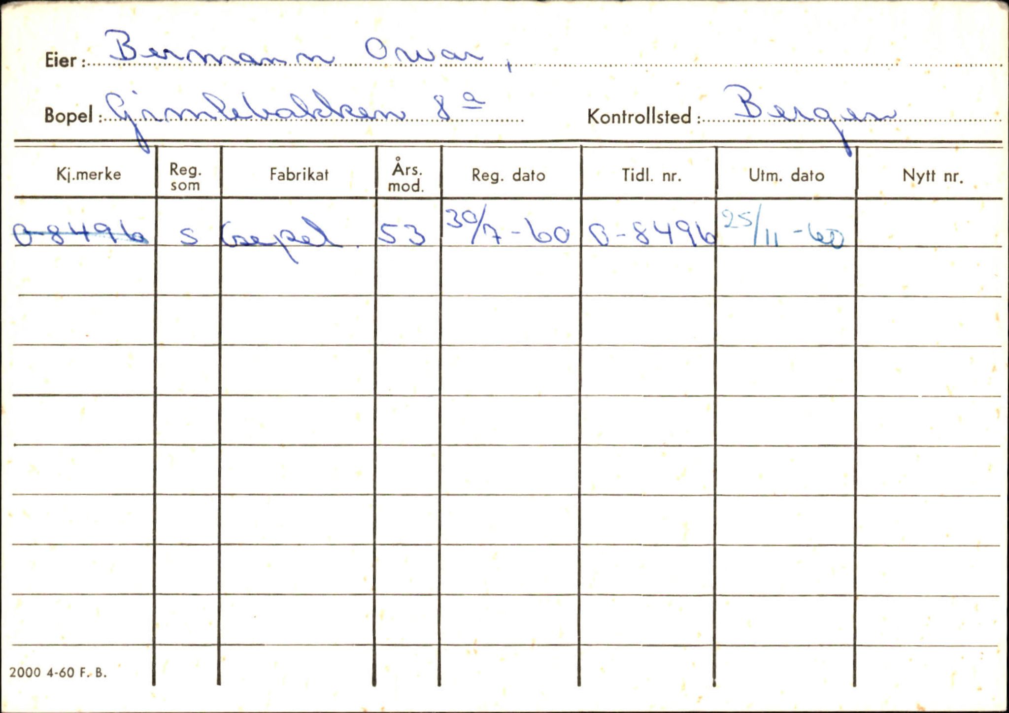 Statens vegvesen, Hordaland vegkontor, SAB/A-5201/2/Hb/L0004: O-eierkort B, 1920-1971, p. 1