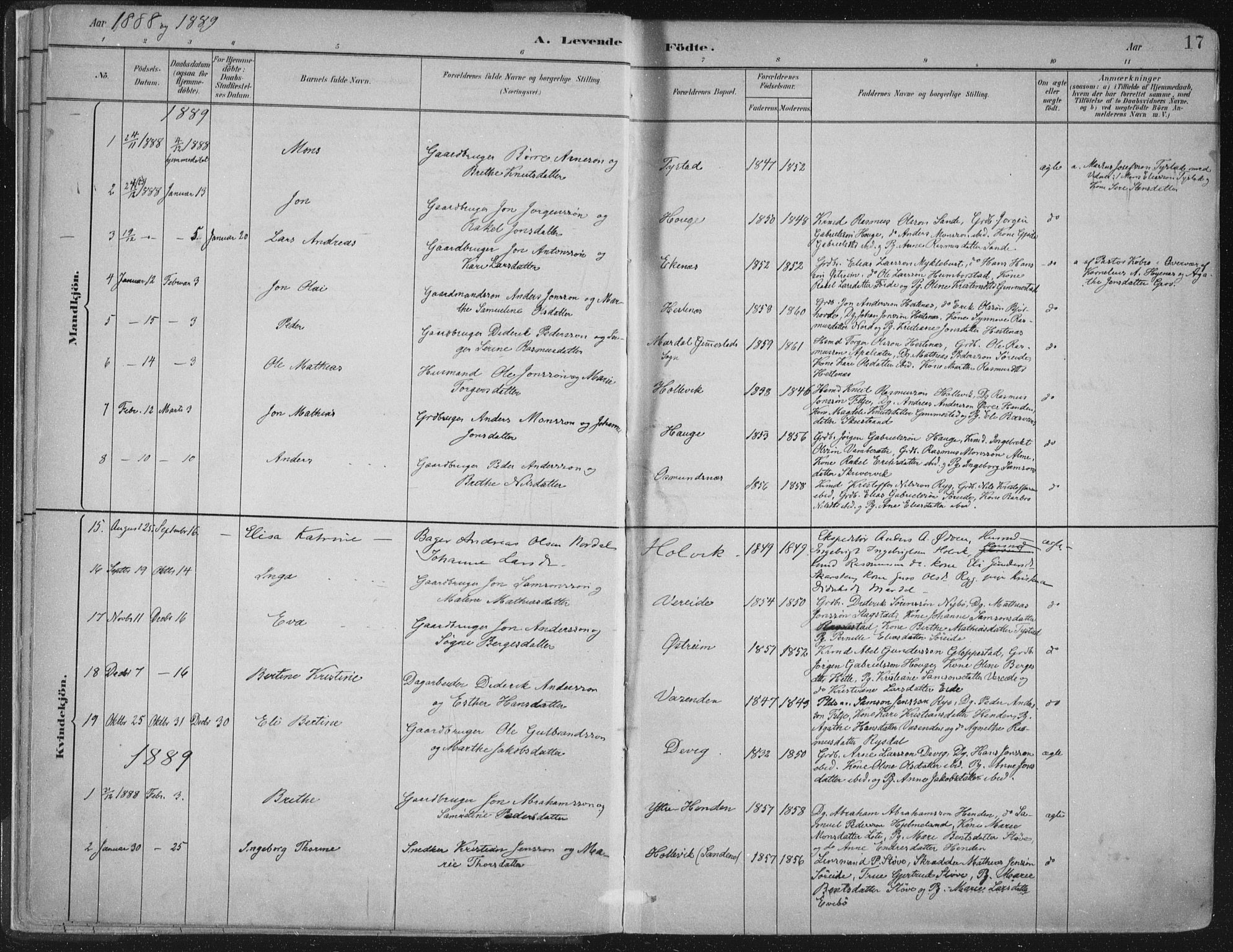 Gloppen sokneprestembete, AV/SAB-A-80101/H/Haa/Haab/L0001: Parish register (official) no. B  1, 1885-1905, p. 17