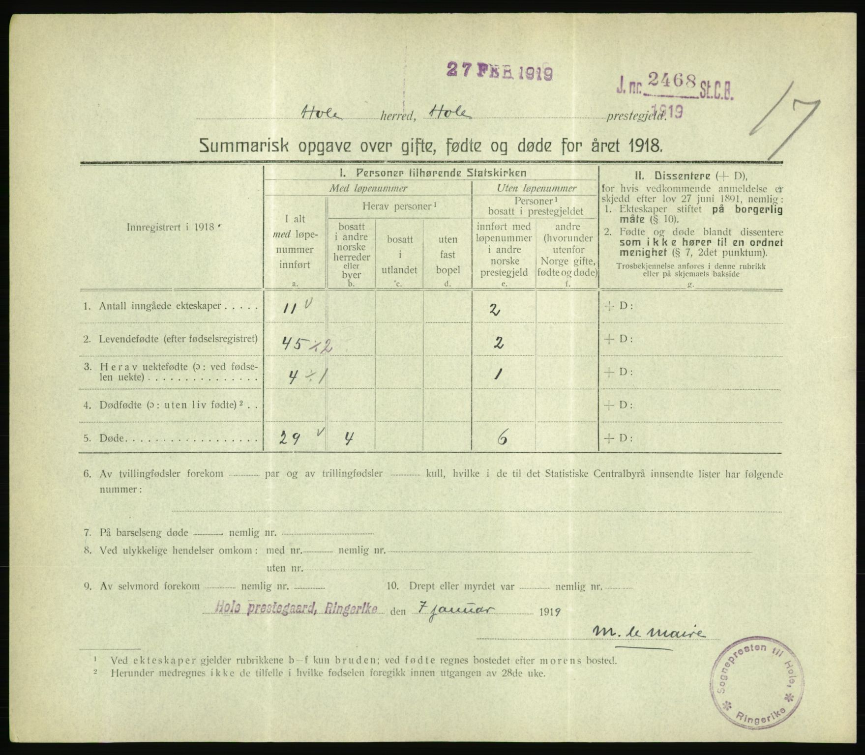 Statistisk sentralbyrå, Sosiodemografiske emner, Befolkning, AV/RA-S-2228/D/Df/Dfb/Dfbh/L0059: Summariske oppgaver over gifte, fødte og døde for hele landet., 1918, p. 407