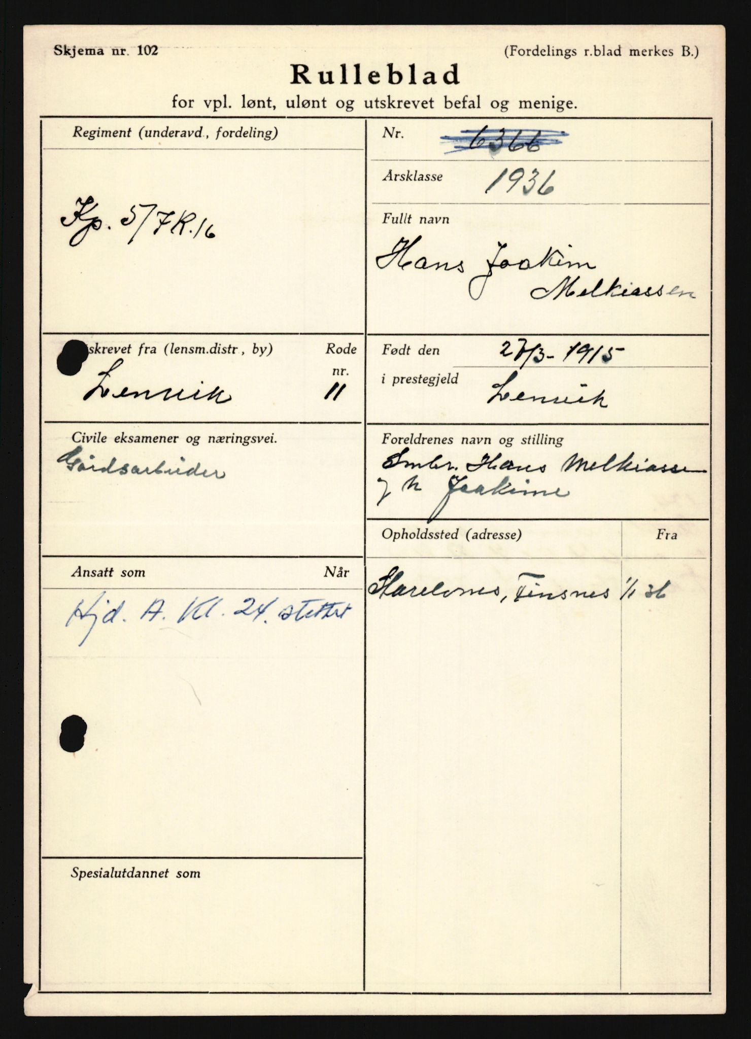 Forsvaret, Troms infanteriregiment nr. 16, AV/RA-RAFA-3146/P/Pa/L0020: Rulleblad for regimentets menige mannskaper, årsklasse 1936, 1936, p. 867