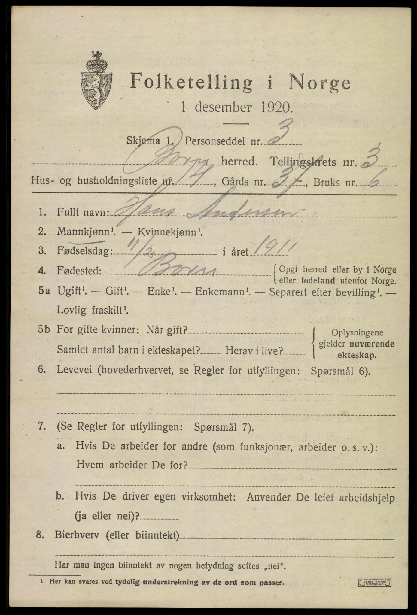 SAKO, 1920 census for Borre, 1920, p. 6194