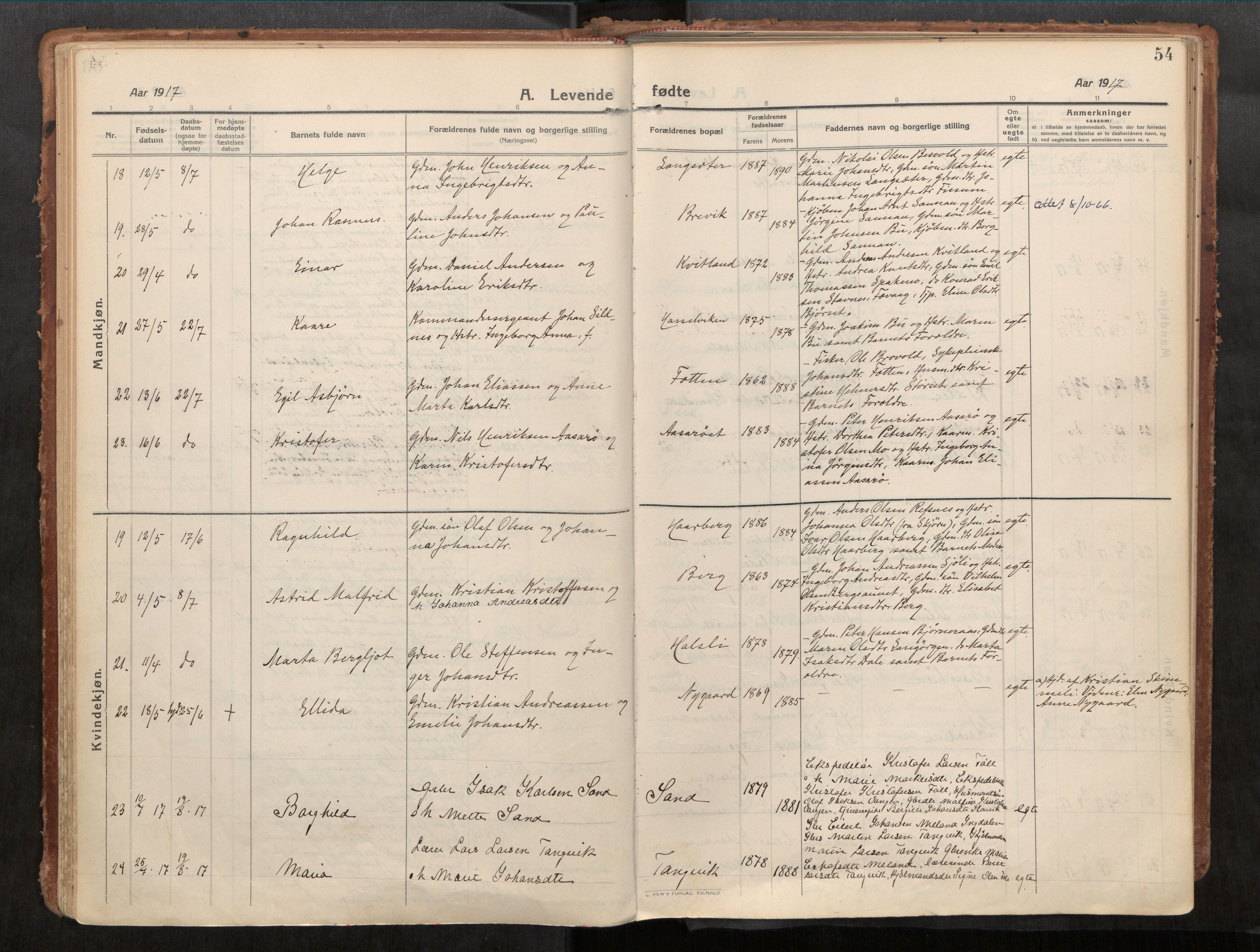 Stadsbygd sokneprestkontor, AV/SAT-A-1117/1/I/I1/I1a/L0001: Parish register (official) no. 1, 1911-1929, p. 54