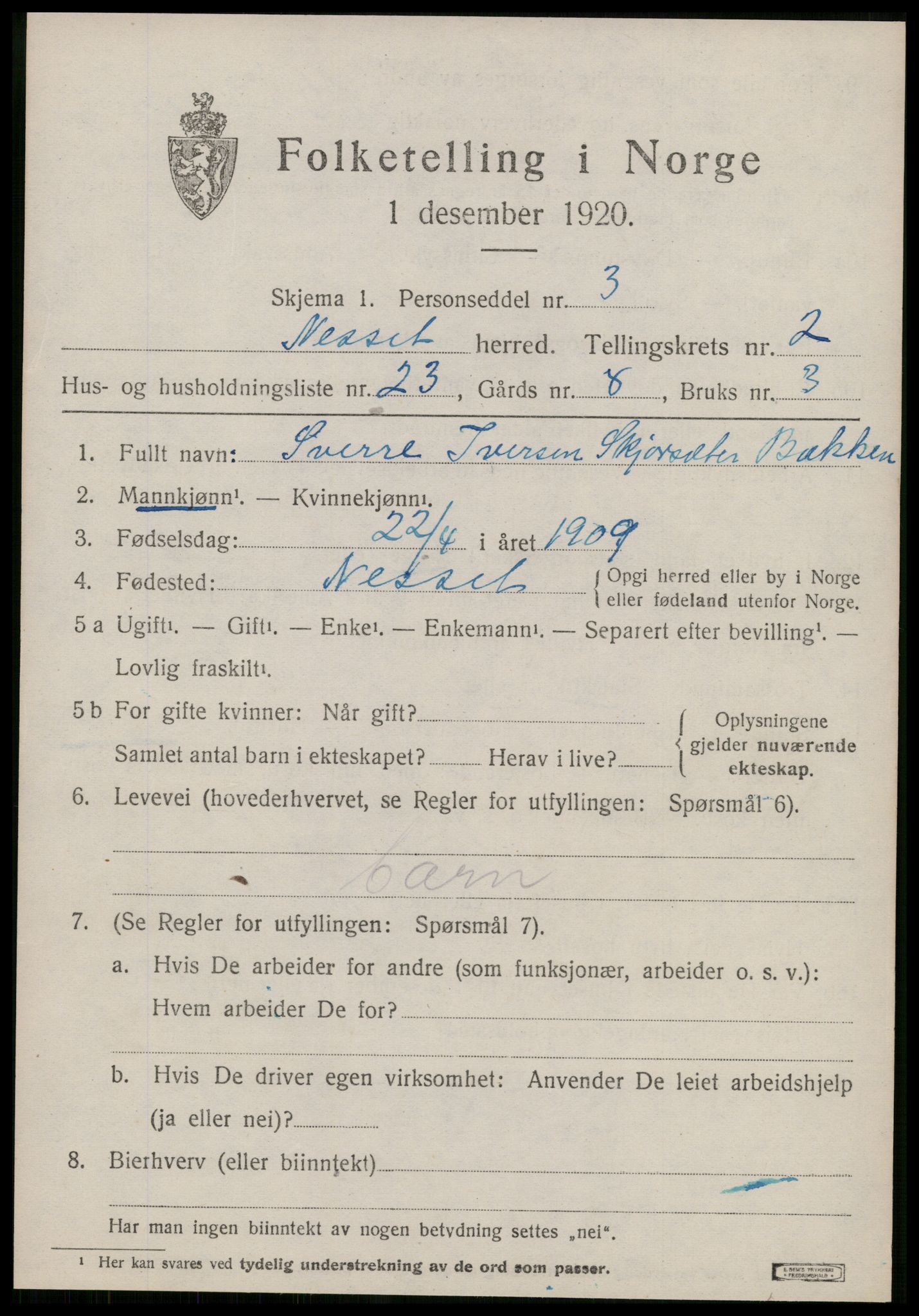 SAT, 1920 census for Nesset, 1920, p. 1286