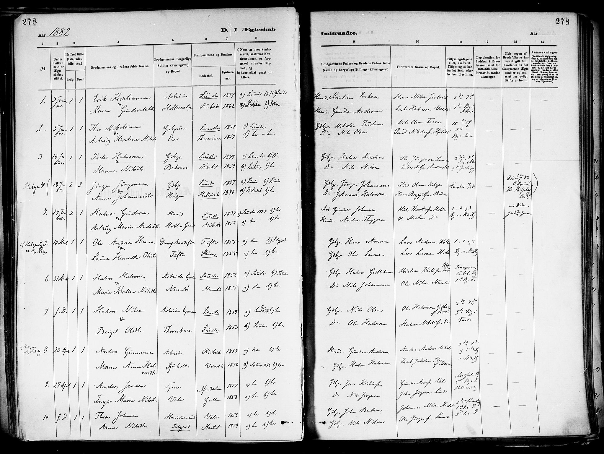 Holla kirkebøker, AV/SAKO-A-272/F/Fa/L0008: Parish register (official) no. 8, 1882-1897, p. 278