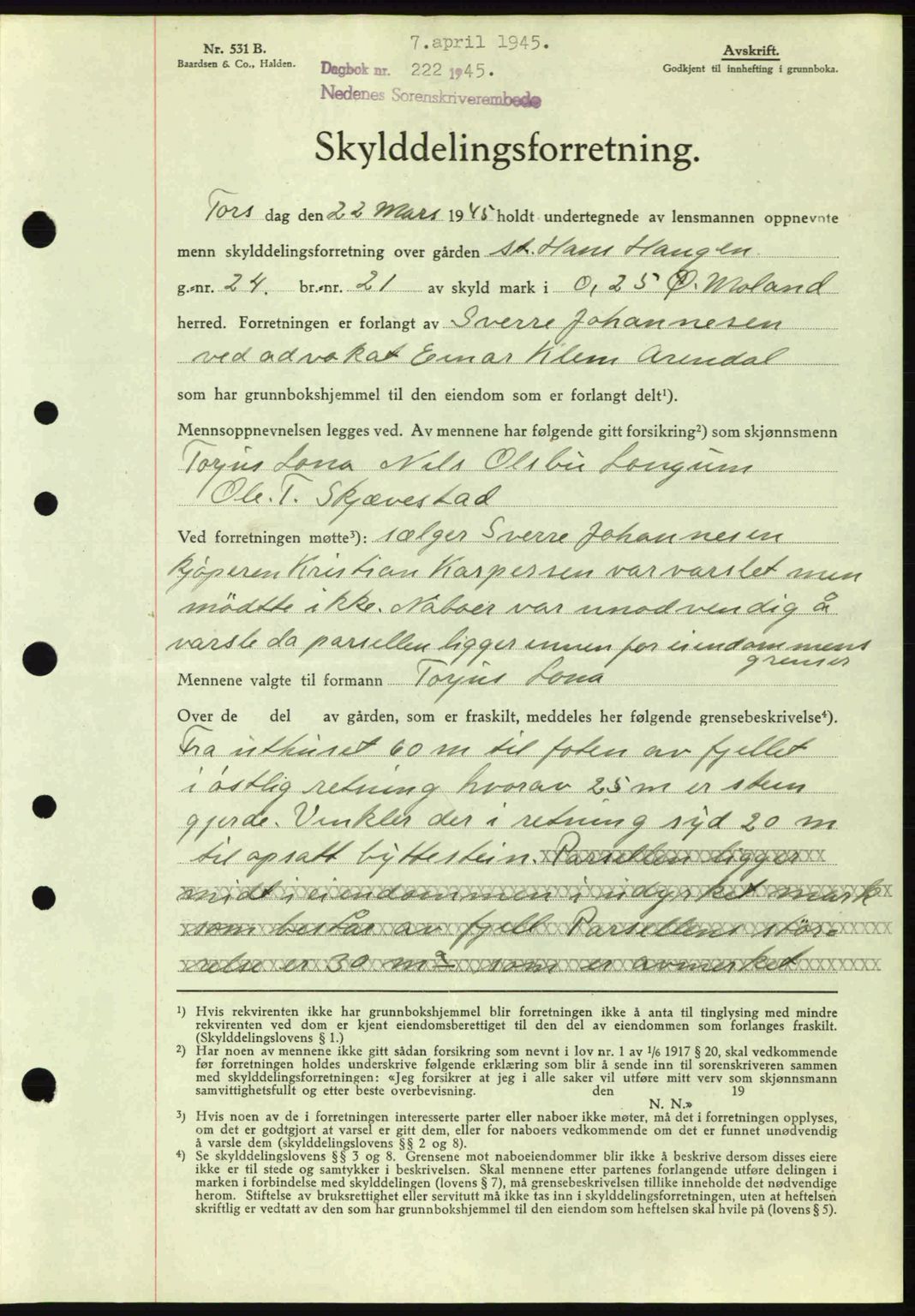 Nedenes sorenskriveri, AV/SAK-1221-0006/G/Gb/Gba/L0052: Mortgage book no. A6a, 1944-1945, Diary no: : 222/1945