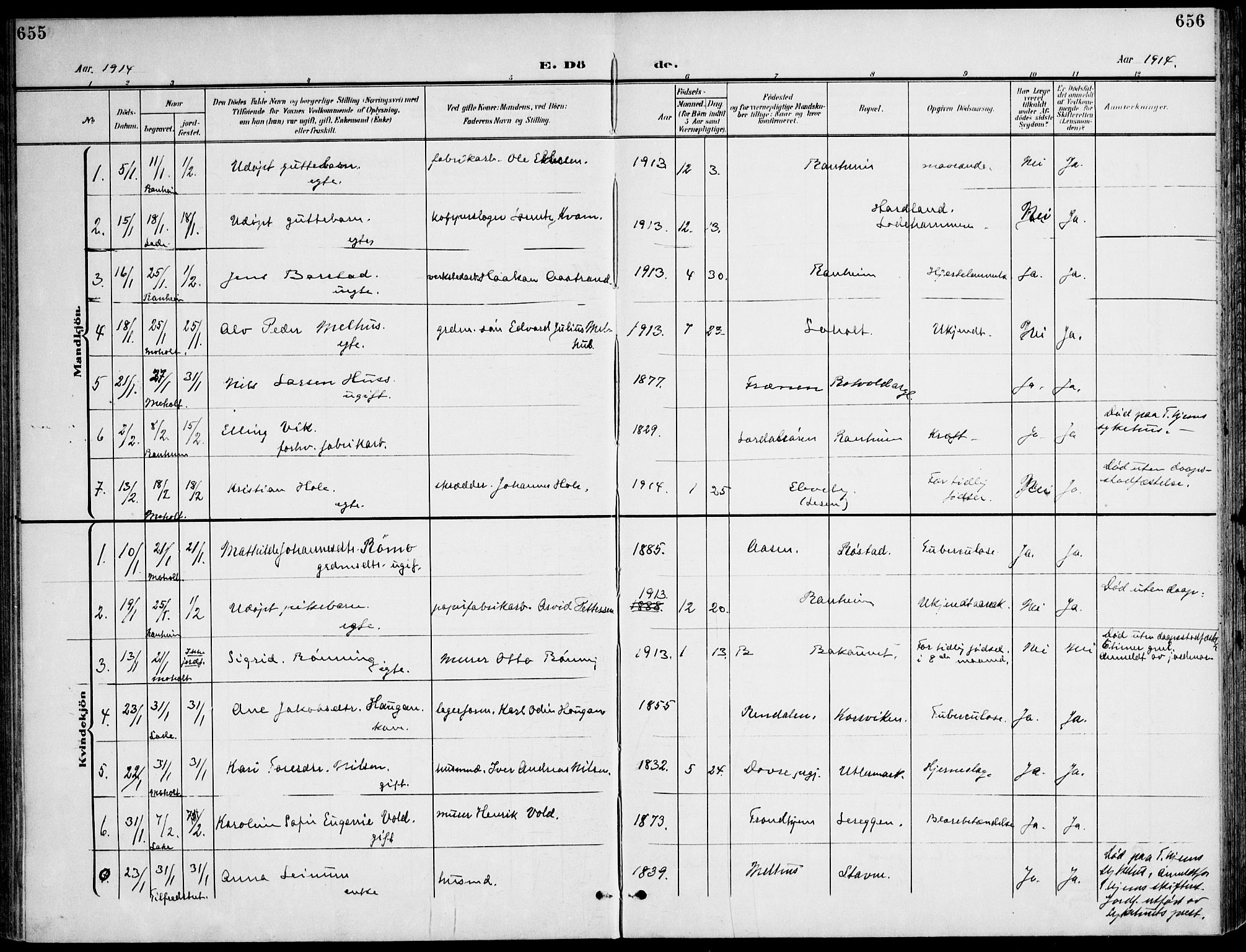 Ministerialprotokoller, klokkerbøker og fødselsregistre - Sør-Trøndelag, SAT/A-1456/607/L0320: Parish register (official) no. 607A04, 1907-1915, p. 655-656