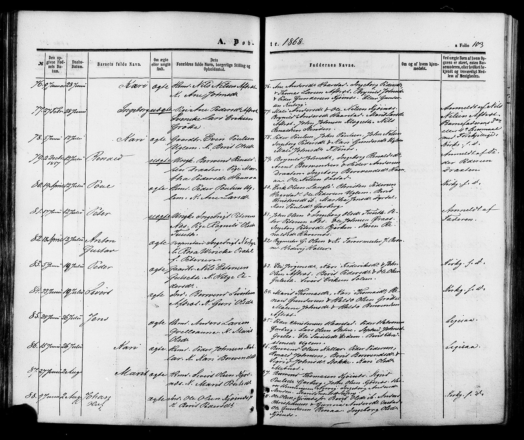 Ministerialprotokoller, klokkerbøker og fødselsregistre - Sør-Trøndelag, AV/SAT-A-1456/695/L1147: Parish register (official) no. 695A07, 1860-1877, p. 103