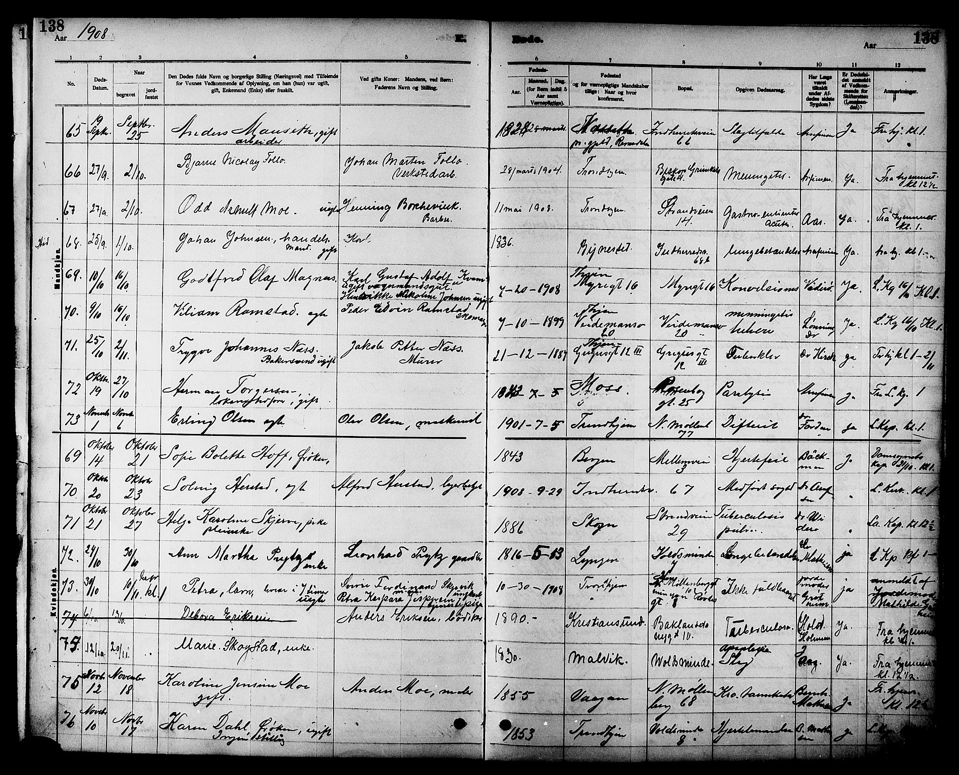 Ministerialprotokoller, klokkerbøker og fødselsregistre - Sør-Trøndelag, AV/SAT-A-1456/605/L0255: Parish register (copy) no. 605C02, 1908-1918, p. 138